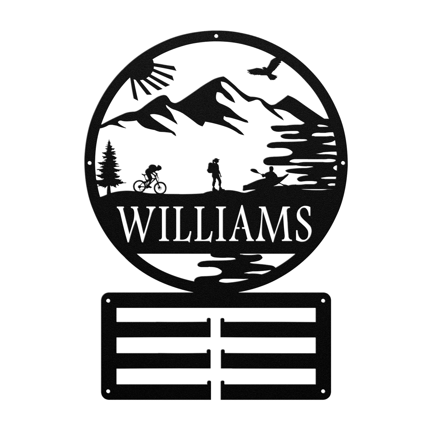 Personalized Adventure Racing Medal Hanger With Female Hiker, Custom Adventure Race Gift, Metal Adventure Wall Art, Home Decor Black