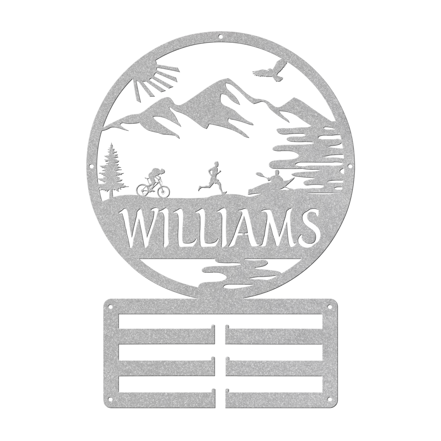 Personalized Adventure Racing Medal Hanger With Male Runner, Custom Adventure Race Gift, Metal Adventure Wall Art, Home Decor Silver