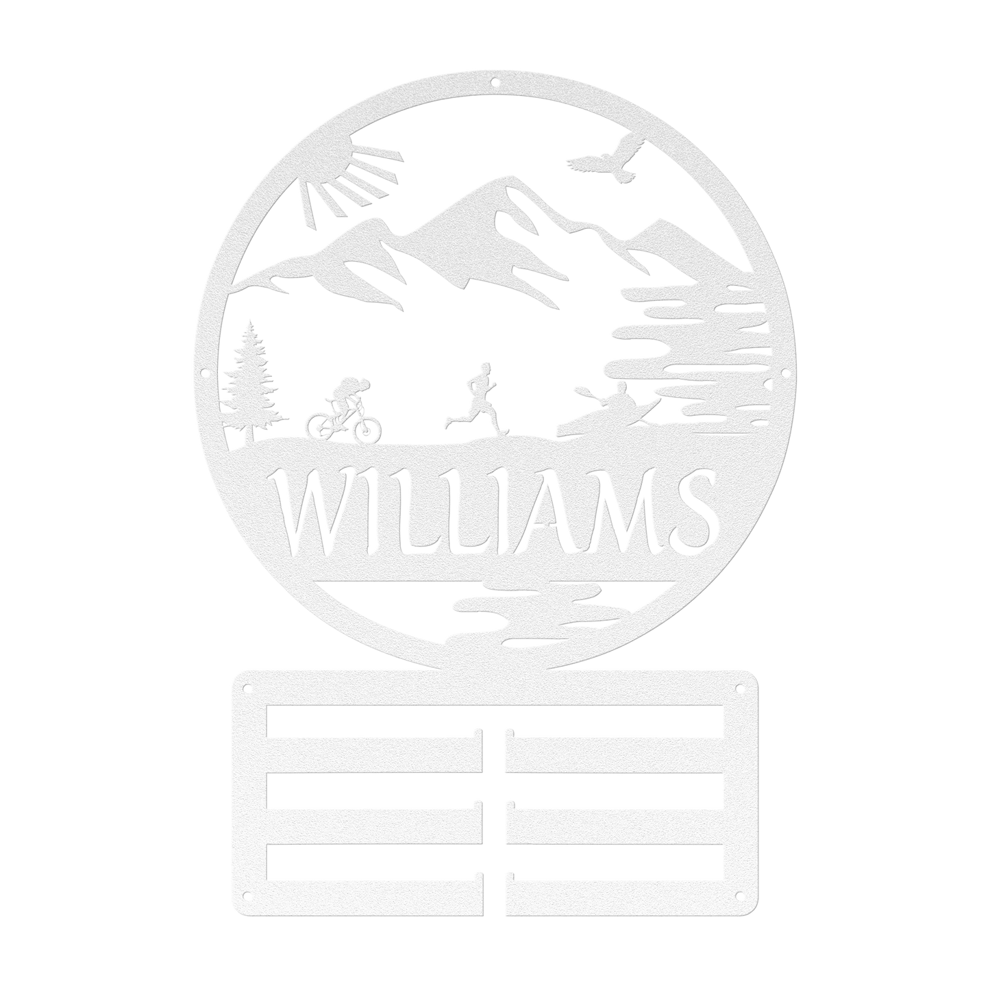 Personalized Adventure Racing Medal Hanger With Male Runner, Custom Adventure Race Gift, Metal Adventure Wall Art, Home Decor White
