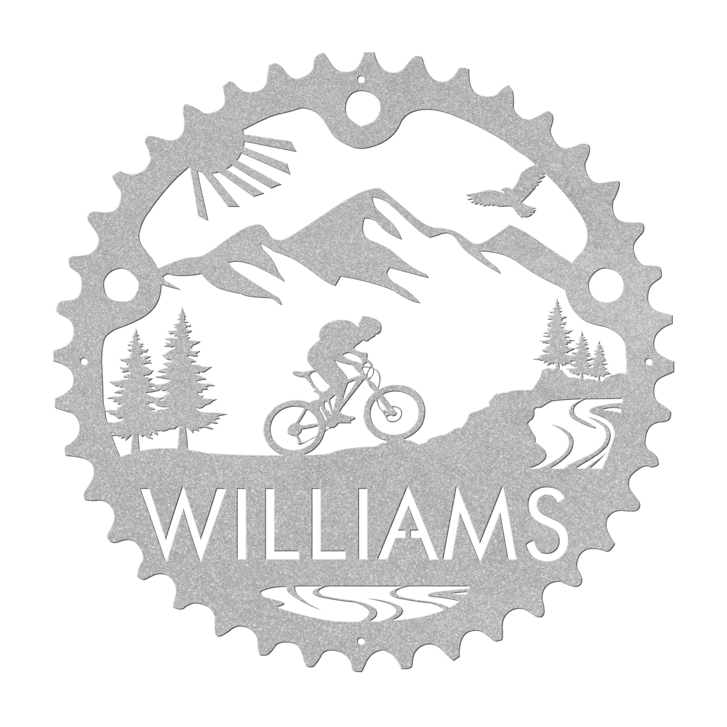 Personalized Mountain Biker Chainring Metal Bike Decor, Custom Mountain Biker Gift, Metal Bike Wall Art, Home Decor Silver
