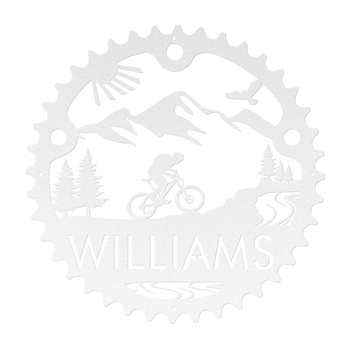 Personalized Mountain Biker Chainring Metal Bike Decor, Custom Mountain Biker Gift, Metal Bike Wall Art, Home Decor White