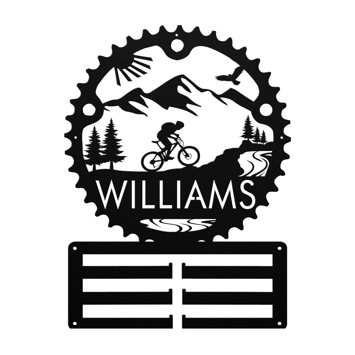 Personalized Mountain Biker Chainring Metal Bike Decor Medal Hanger, Custom Mountain Biker Gift, Metal Bike Wall Art, Home Decor Black