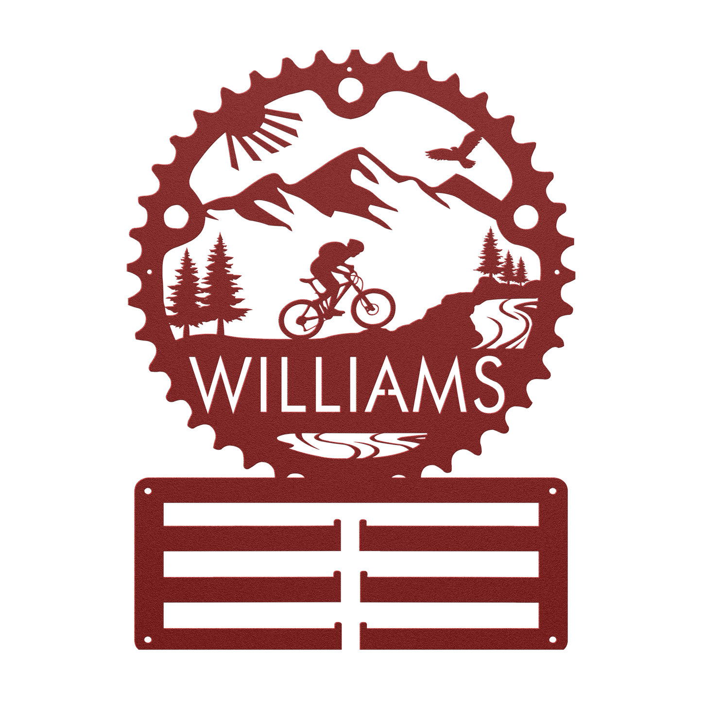 Personalized Mountain Biker Chainring Metal Bike Decor Medal Hanger, Custom Mountain Biker Gift, Metal Bike Wall Art, Home Decor Red