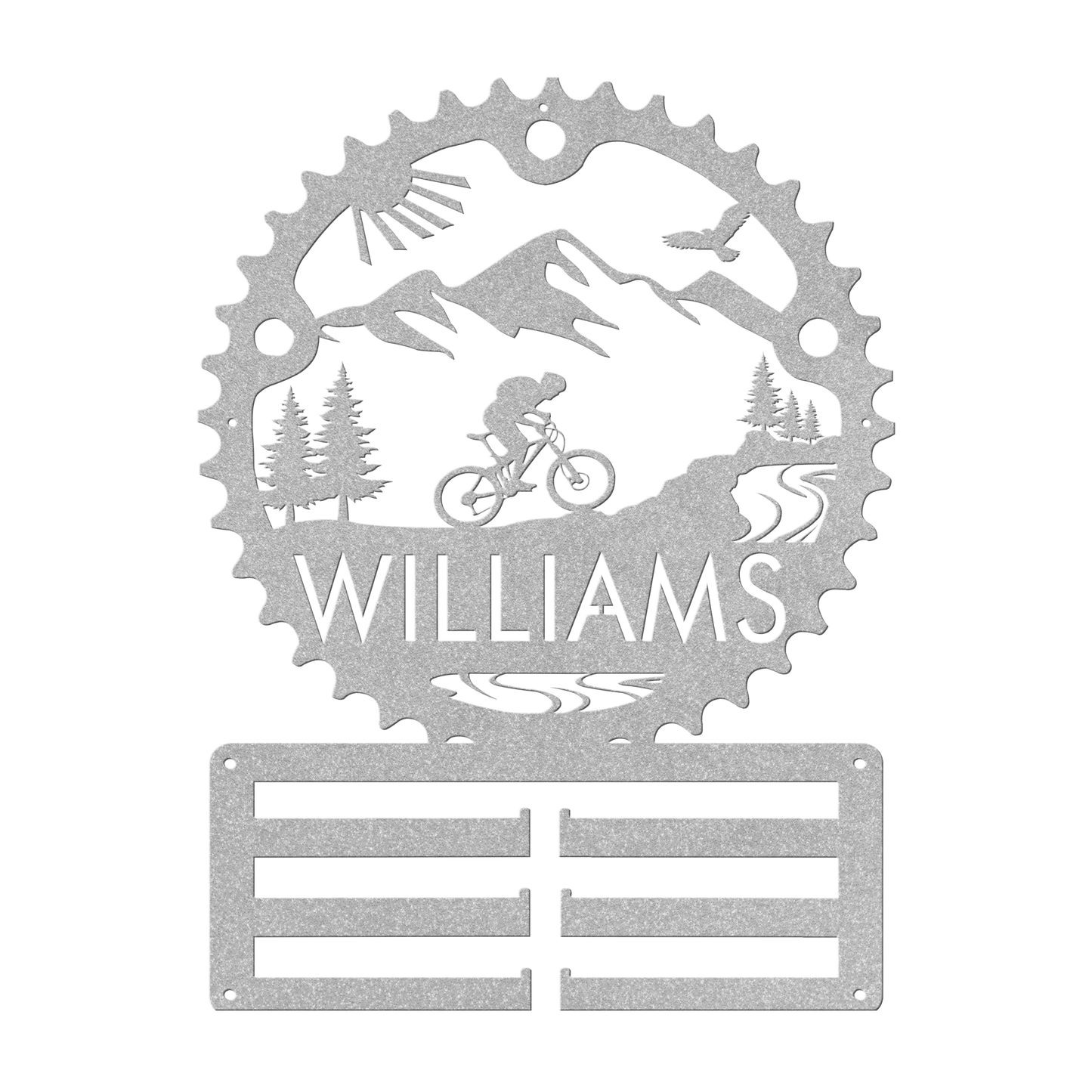Personalized Mountain Biker Chainring Metal Bike Decor Medal Hanger, Custom Mountain Biker Gift, Metal Bike Wall Art, Home Decor Silver