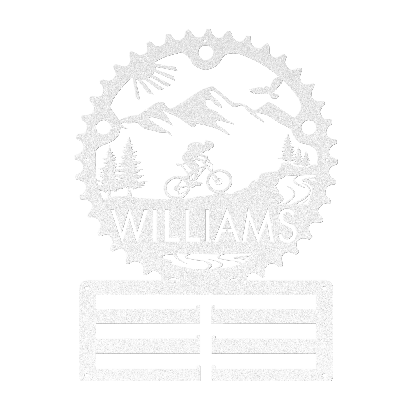 Personalized Mountain Biker Chainring Metal Bike Decor Medal Hanger, Custom Mountain Biker Gift, Metal Bike Wall Art, Home Decor White