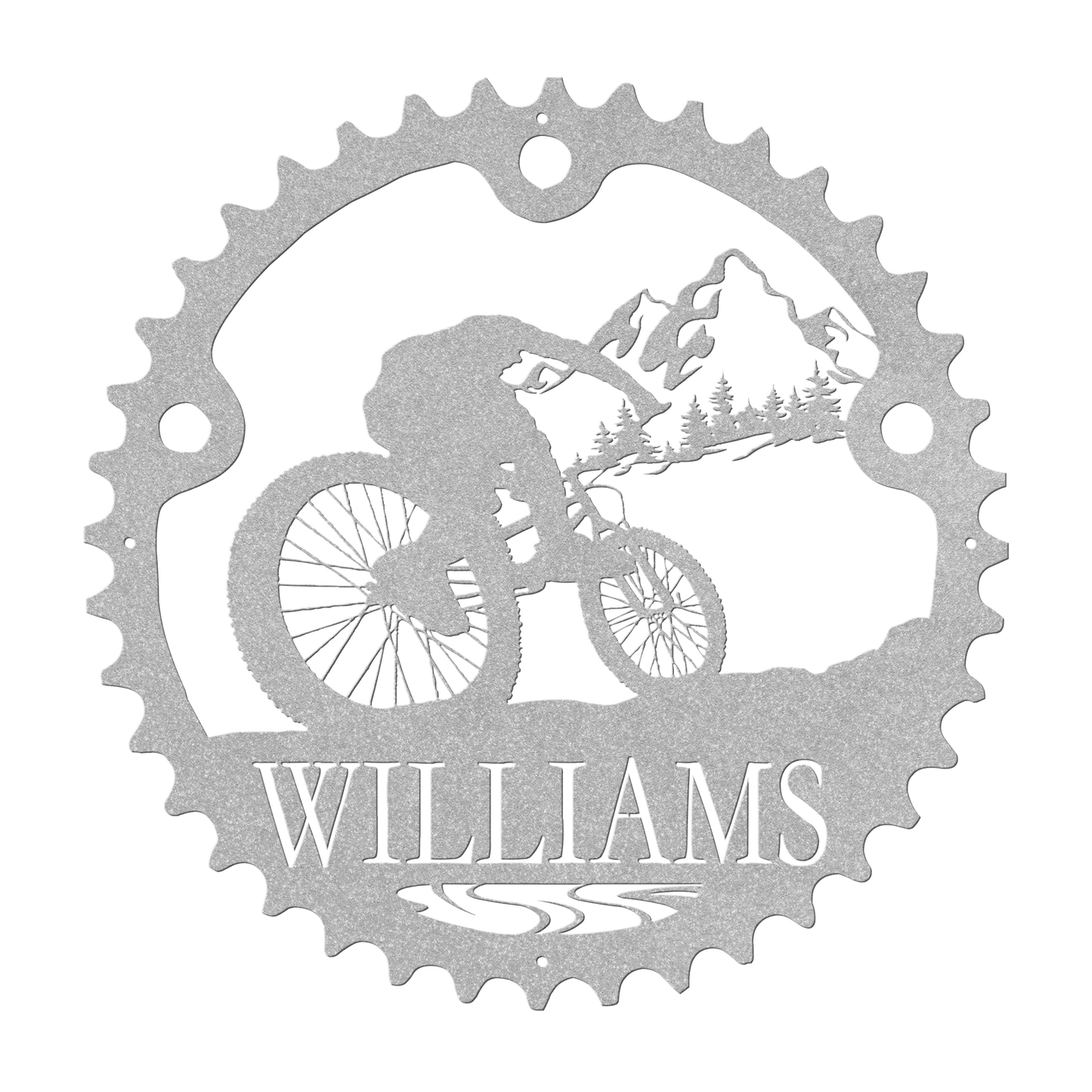 Personalized Mountain Biker Chainring Metal Bike Scenic Home Decor, Custom Mountain Biker Gift, Metal Bike Wall Art, Home Decor Silver