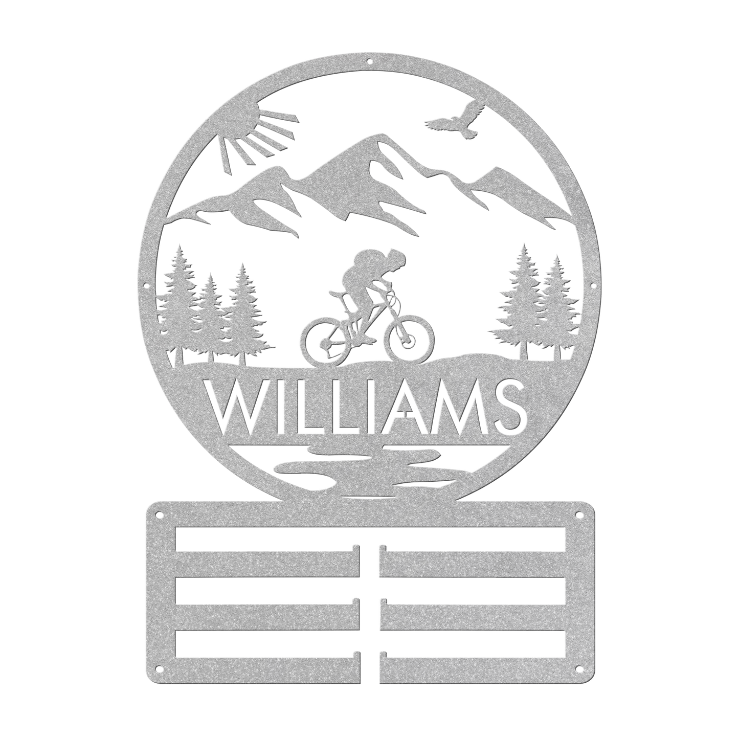Personalized Mountain Biker Medal Holder Metal Wall Decor, Custom Text Mountain Biker Gift, Mnt Bike Medal Hanger Silver