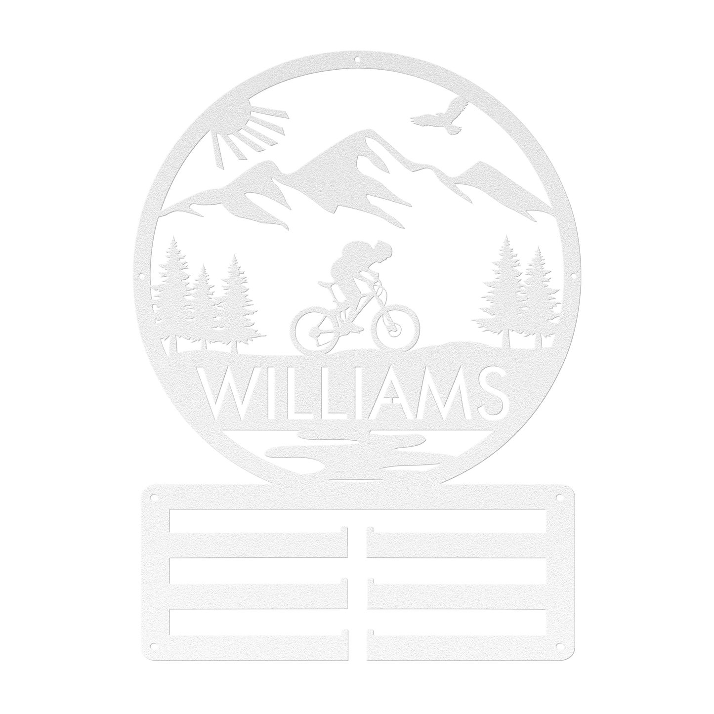 Personalized Mountain Biker Medal Holder Metal Wall Decor, Custom Text Mountain Biker Gift, Mnt Bike Medal Hanger White