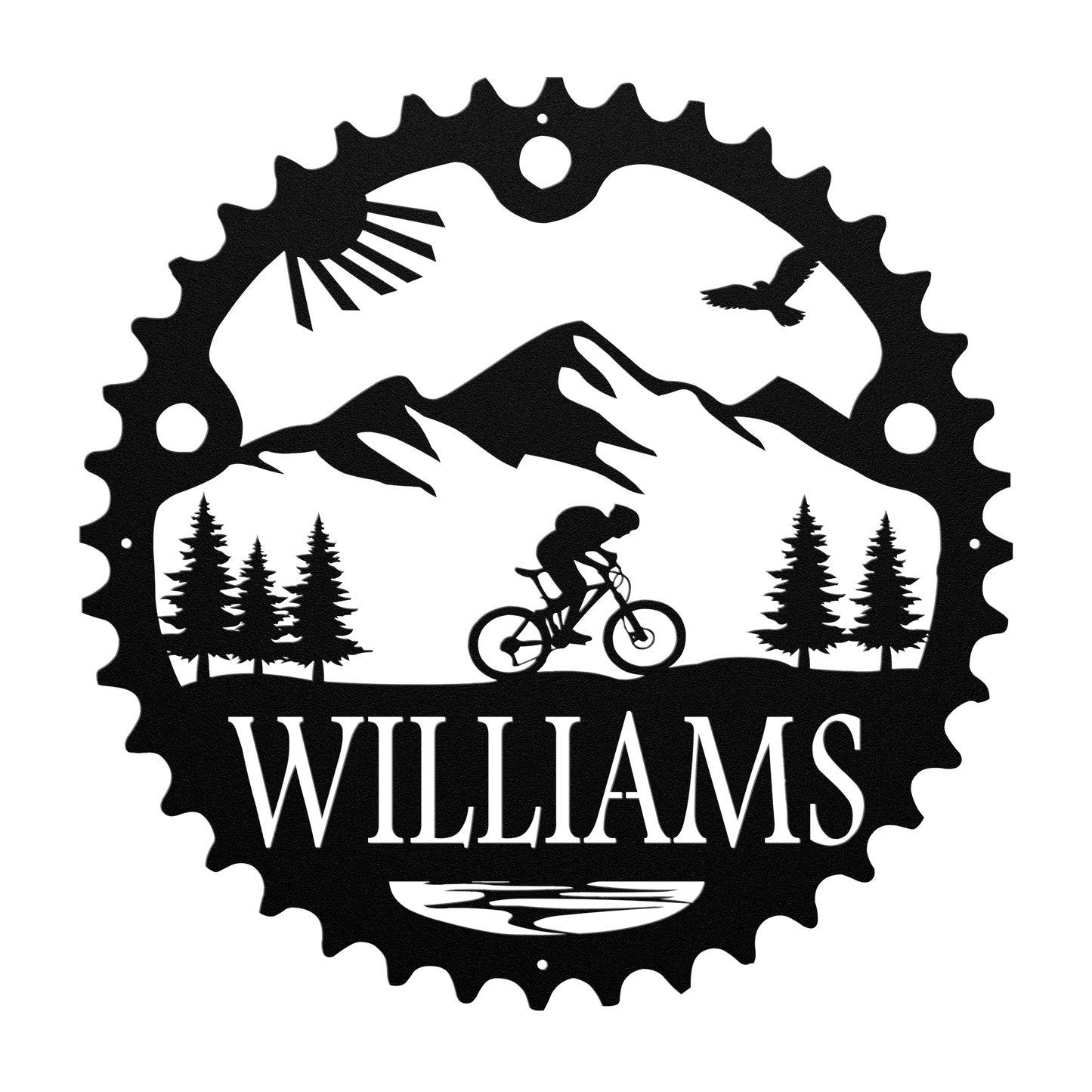 Personalized Scenic Mountain Biker Chainring Metal Bike Decor, Custom Mountain Biker Gift, Metal Bike Wall Art, Home Decor Black