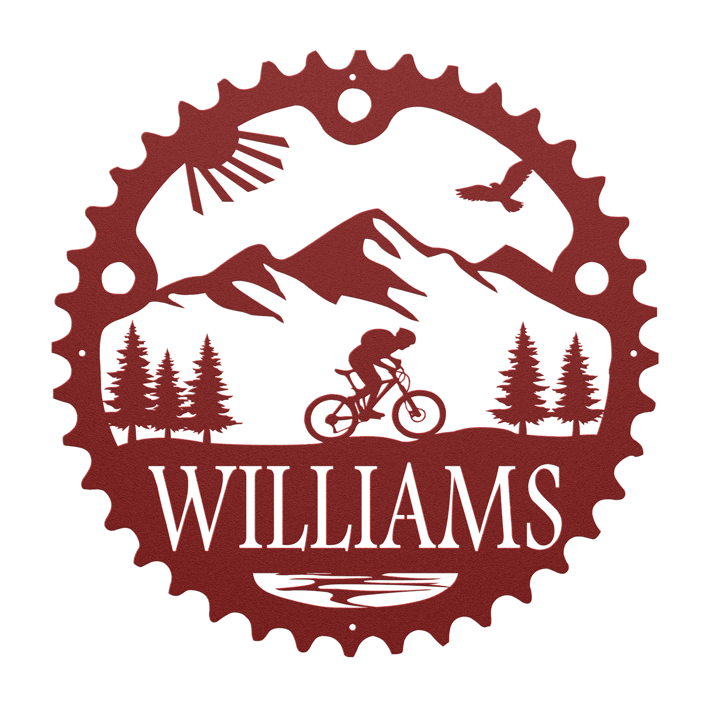 Personalized Scenic Mountain Biker Chainring Metal Bike Decor, Custom Mountain Biker Gift, Metal Bike Wall Art, Home Decor Red