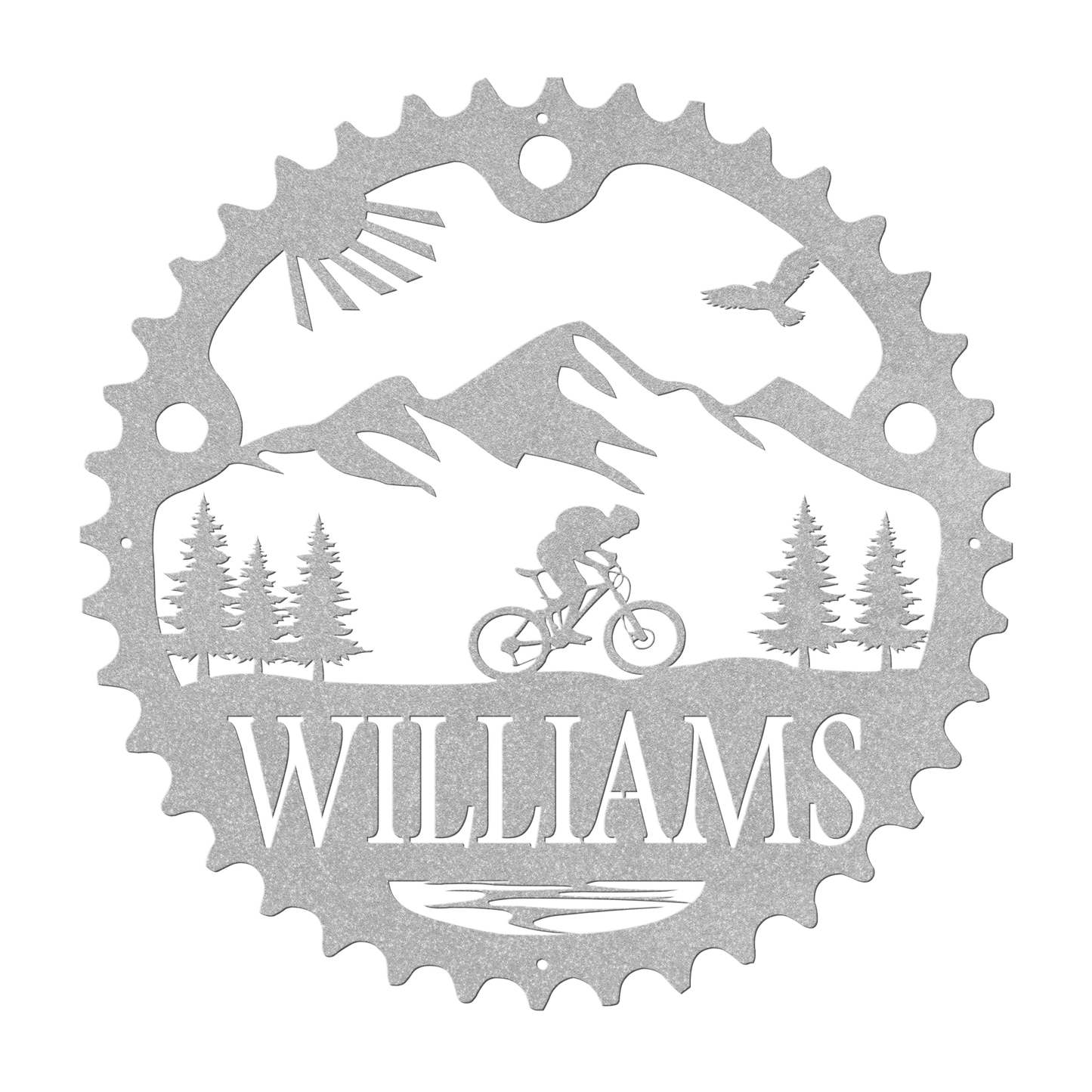 Personalized Scenic Mountain Biker Chainring Metal Bike Decor, Custom Mountain Biker Gift, Metal Bike Wall Art, Home Decor Silver