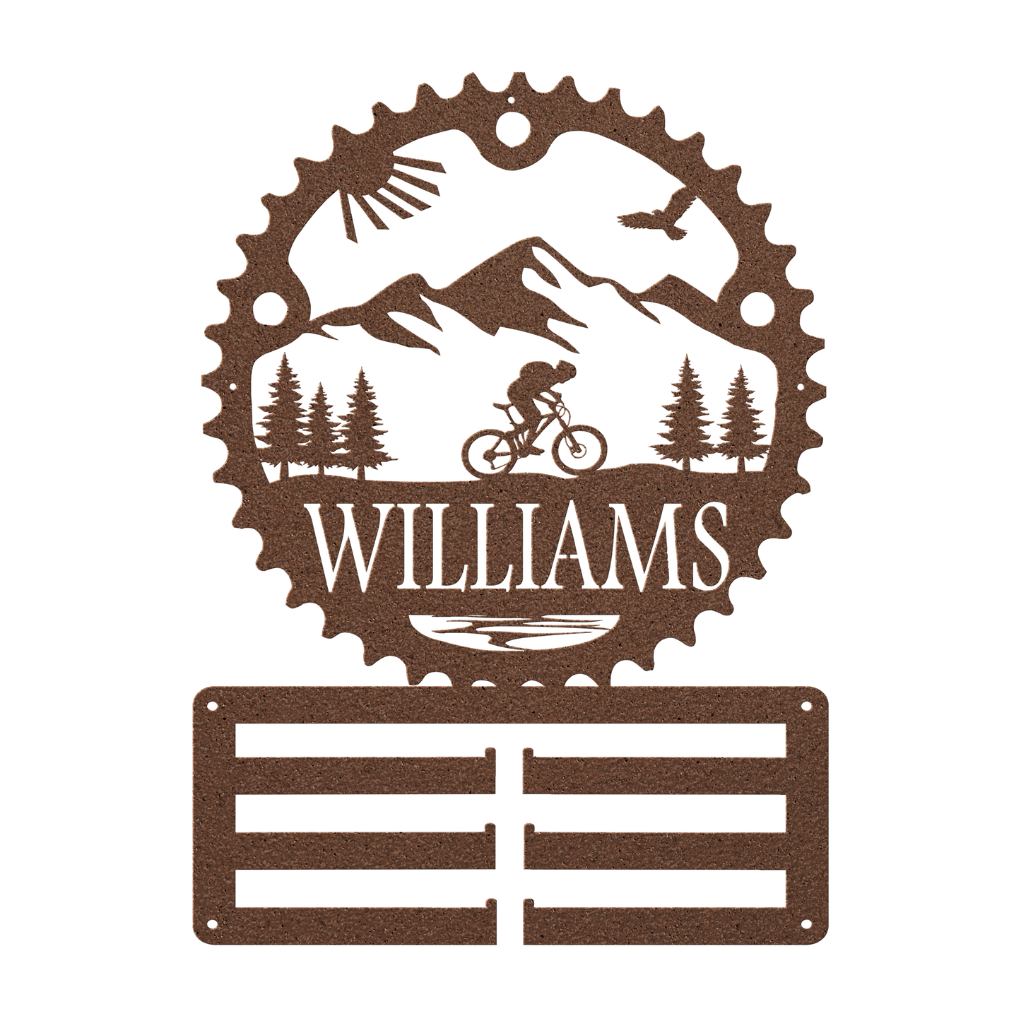 Personalized Scenic Mountain Biker Chainring Metal Bike Decor Medal Hanger, Custom Mountain Biker Gift, Metal Bike Wall Art, Home Decor Copper