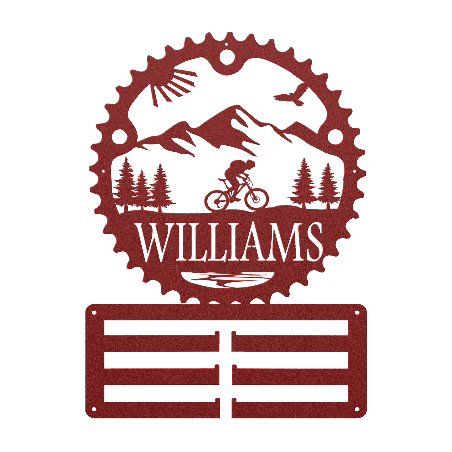 Personalized Scenic Mountain Biker Chainring Metal Bike Decor Medal Hanger, Custom Mountain Biker Gift, Metal Bike Wall Art, Home Decor Red
