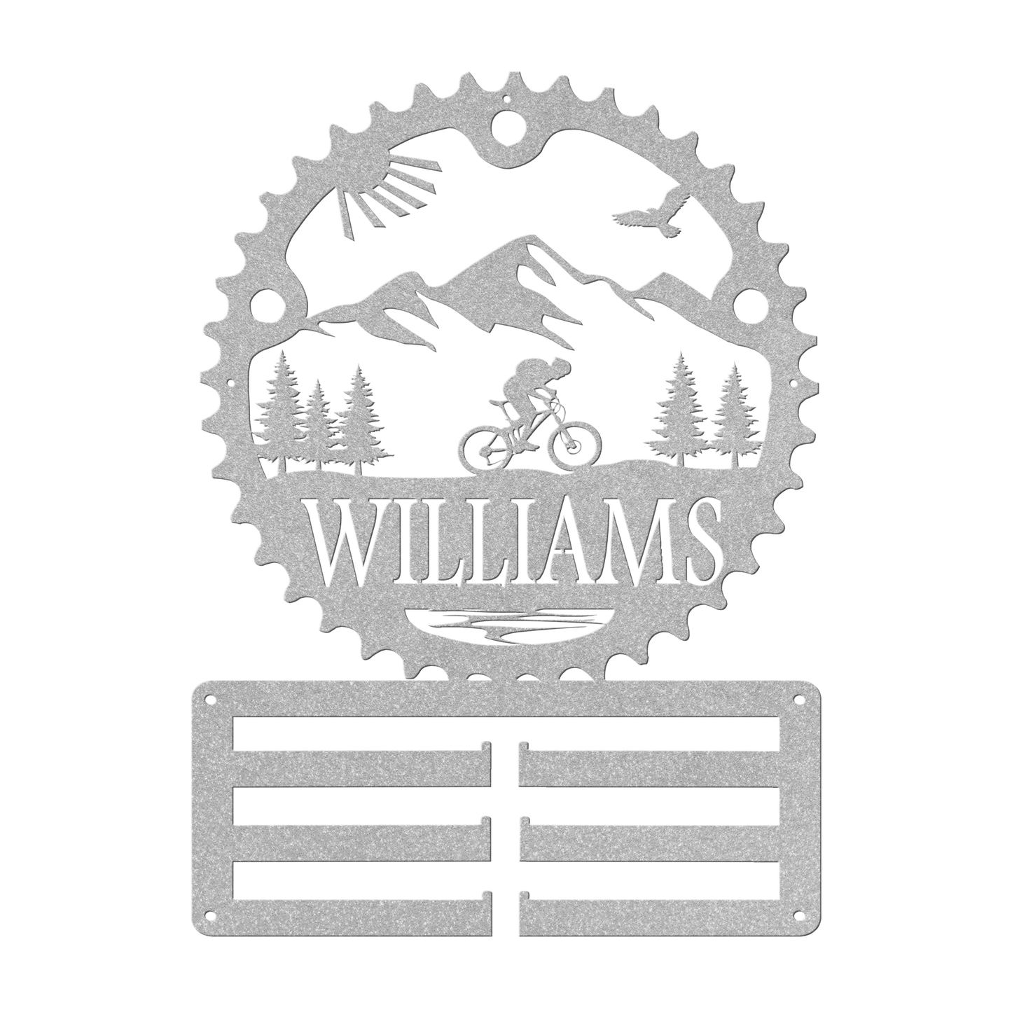 Personalized Scenic Mountain Biker Chainring Metal Bike Decor Medal Hanger, Custom Mountain Biker Gift, Metal Bike Wall Art, Home Decor Silver
