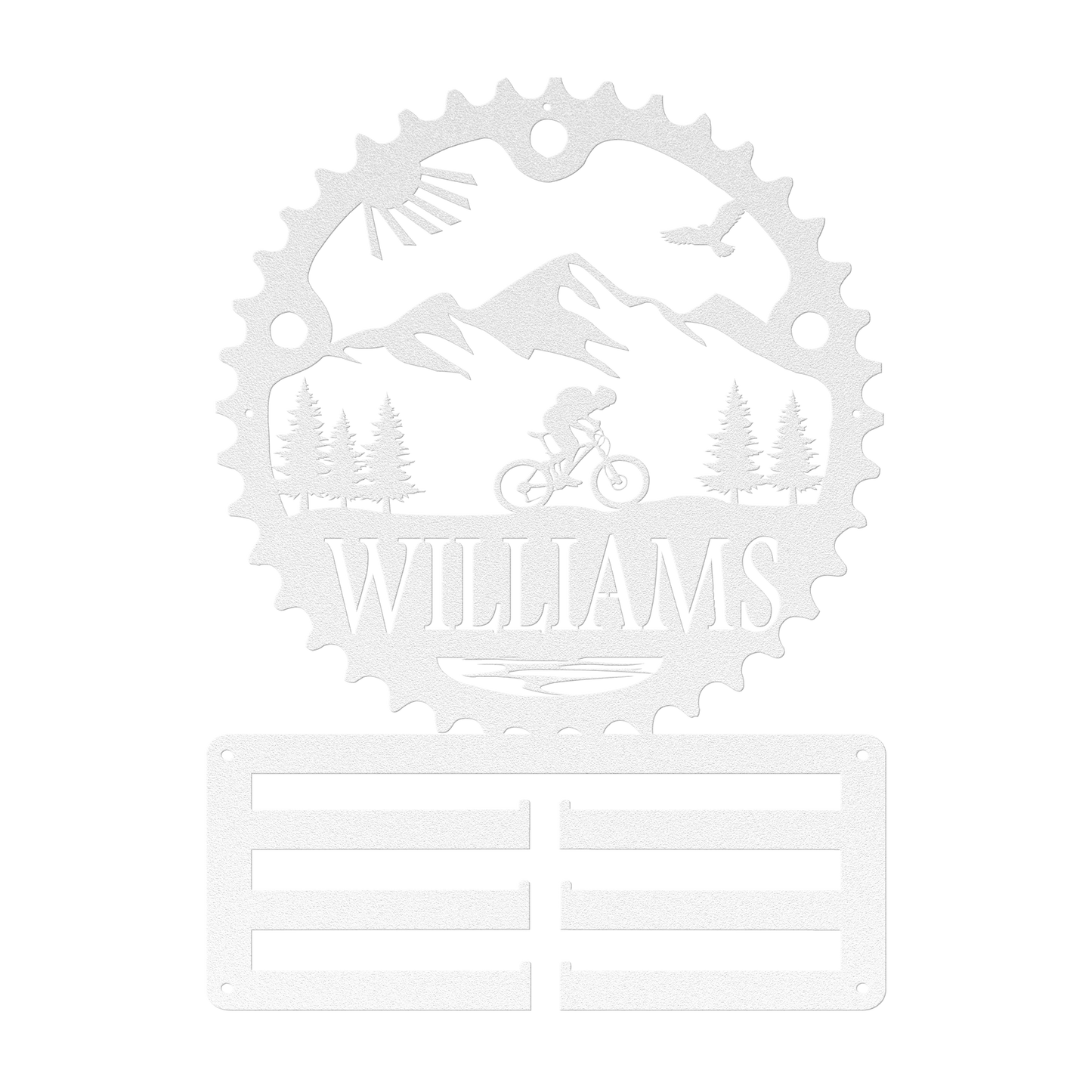 Personalized Scenic Mountain Biker Chainring Metal Bike Decor Medal Hanger, Custom Mountain Biker Gift, Metal Bike Wall Art, Home Decor White