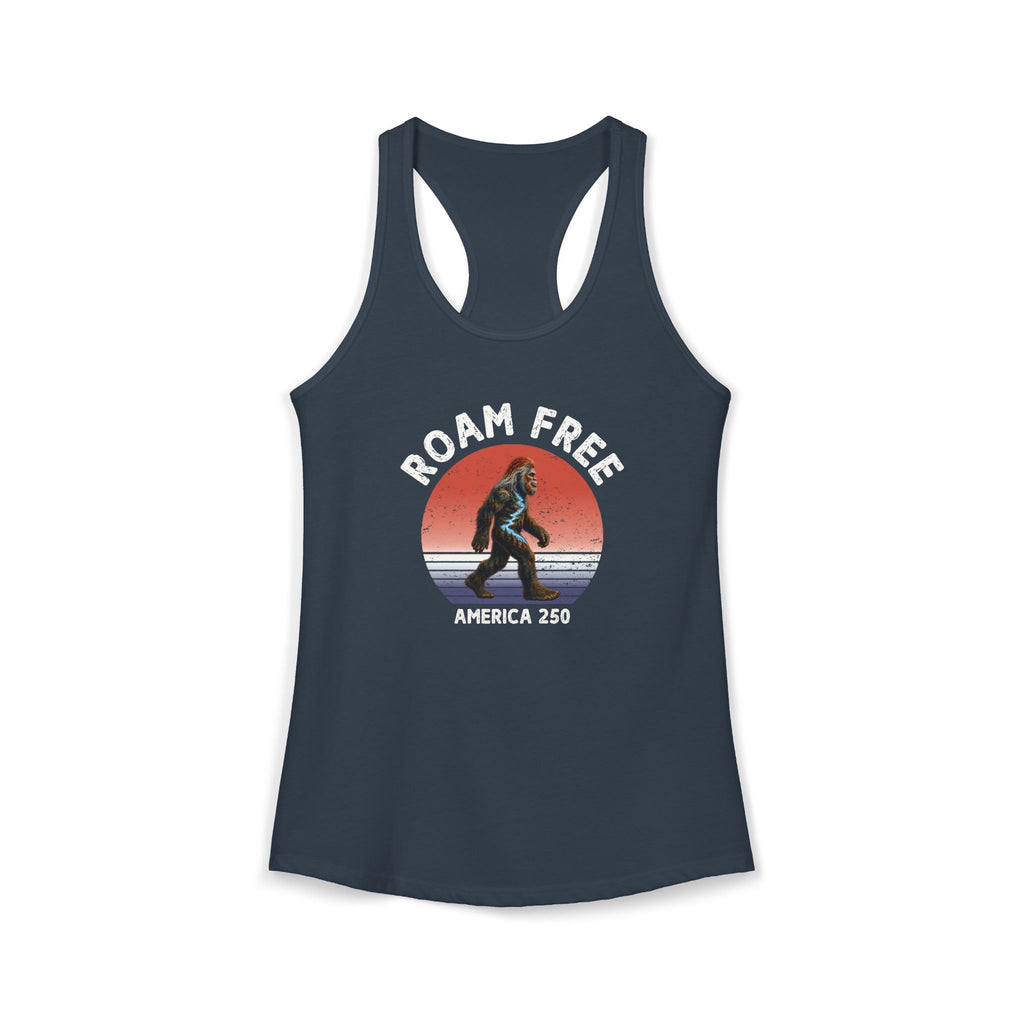Bigfoot Roam Free America 250 Women's Blue Ideal Racerback Tank – Patriotic Bigfoot Hiking Shirt, Outdoor Adventure Tank, USA 250th Anniversary Gift