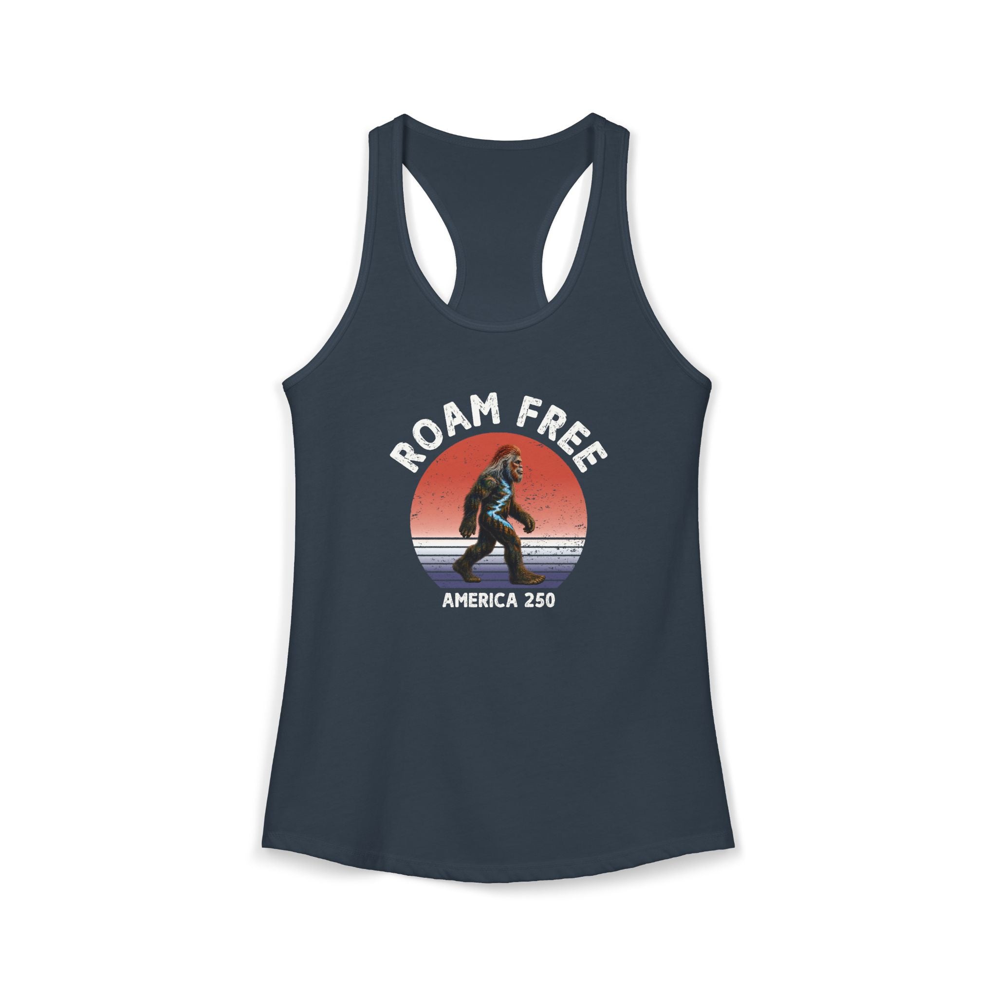 Bigfoot Roam Free America 250 Women's Blue Ideal Racerback Tank – Patriotic Bigfoot Hiking Shirt, Outdoor Adventure Tank, USA 250th Anniversary Gift