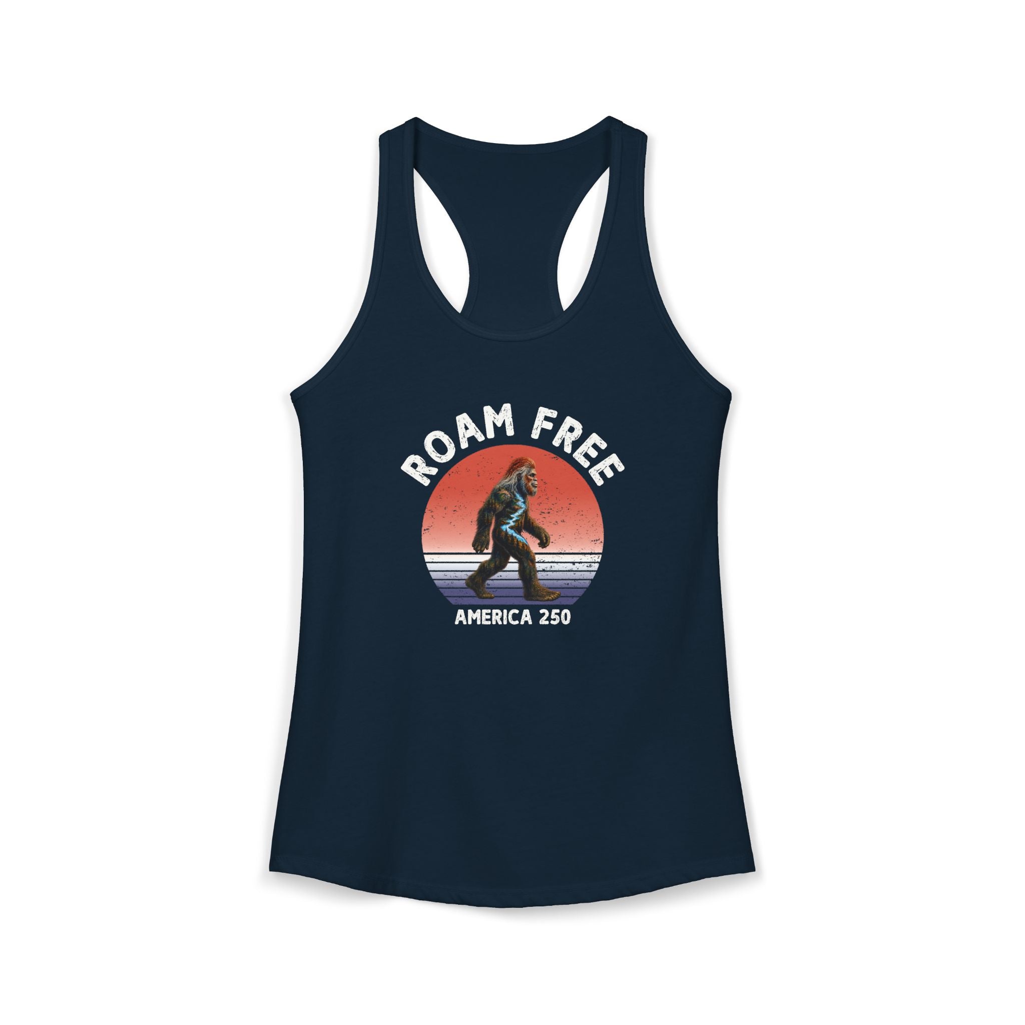 Bigfoot Roam Free America 250 Women's Blue Ideal Racerback Tank – Patriotic Bigfoot Hiking Shirt, Outdoor Adventure Tank, USA 250th Anniversary Gift