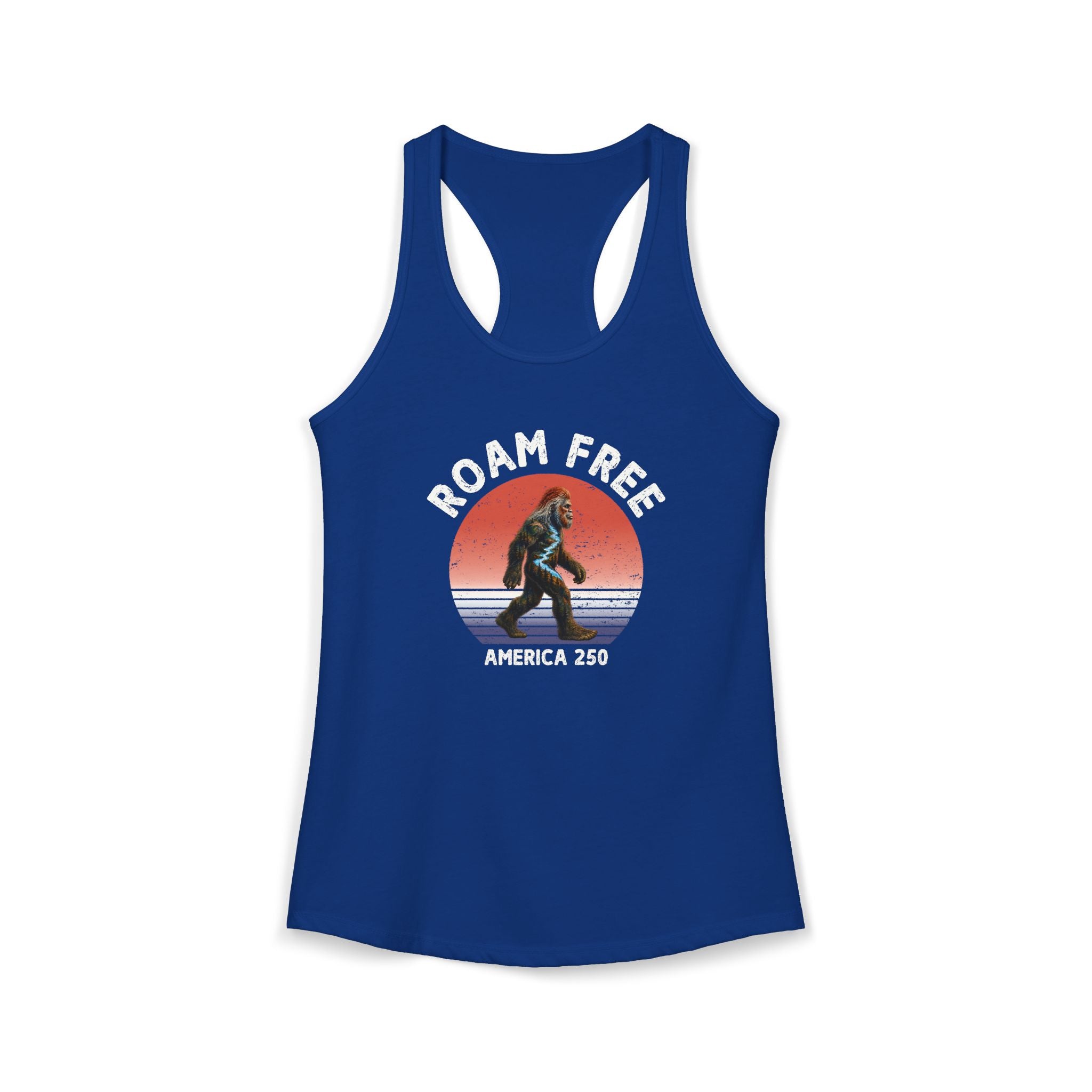 Bigfoot Roam Free America 250 Women's Blue Ideal Racerback Tank – Patriotic Bigfoot Hiking Shirt, Outdoor Adventure Tank, USA 250th Anniversary Gift