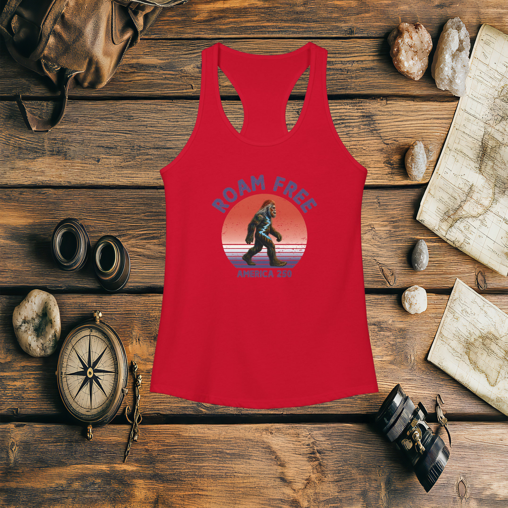 Bigfoot Roam Free America 250 Women's Red Ideal Racerback Tank – Patriotic Bigfoot Hiking Shirt, Outdoor Adventure Tank, USA 250th Anniversary Gift
