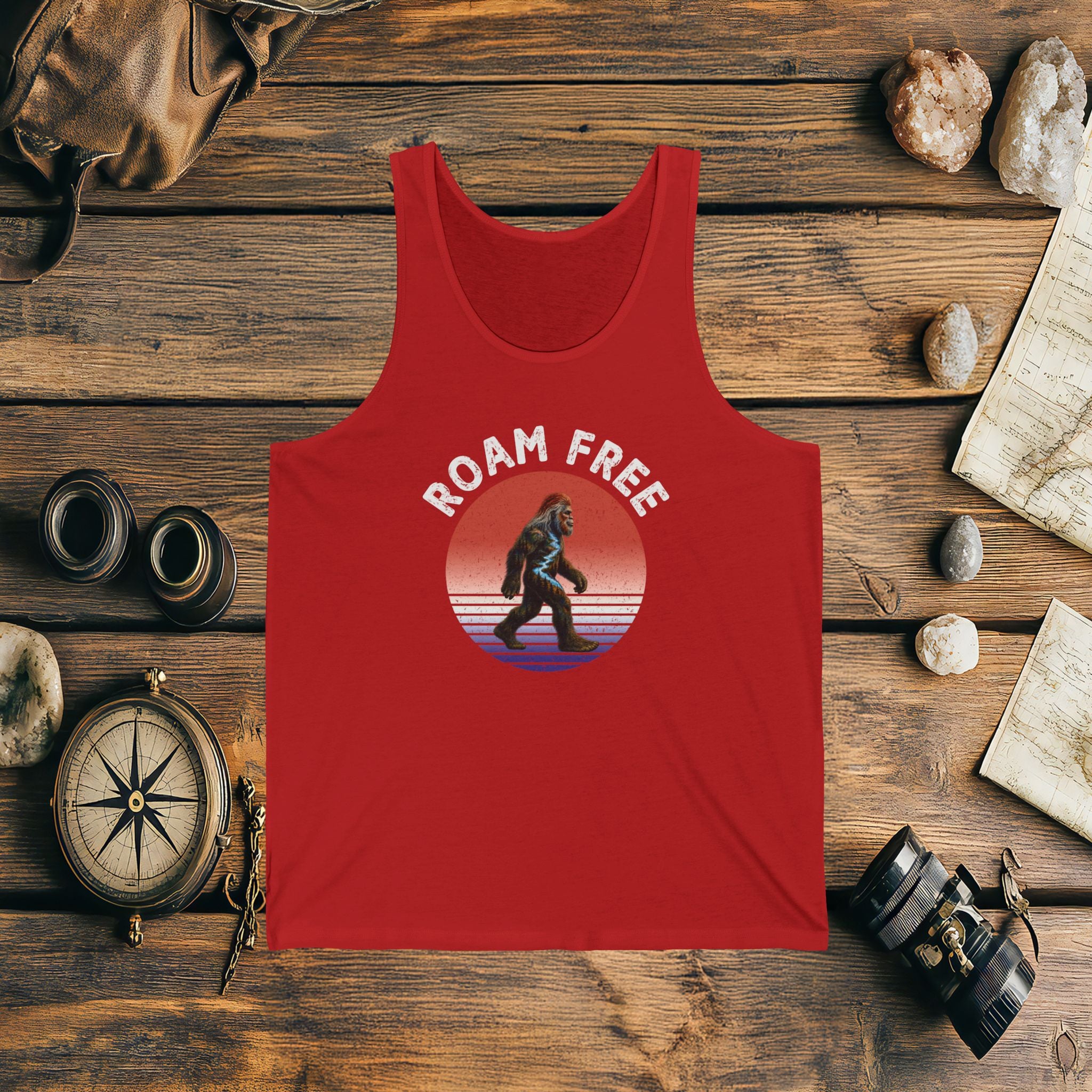 Bigfoot Roam Free Red Unisex Jersey Tank – Patriotic Bigfoot Hiking Shirt, Outdoor Adventure Tank, Bigfoot Gift, Sasquatch