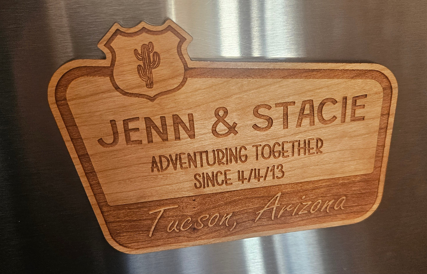 Personalized Team or Couple Adventuring Wood Fridge Magnet With Road Sign Icon Options