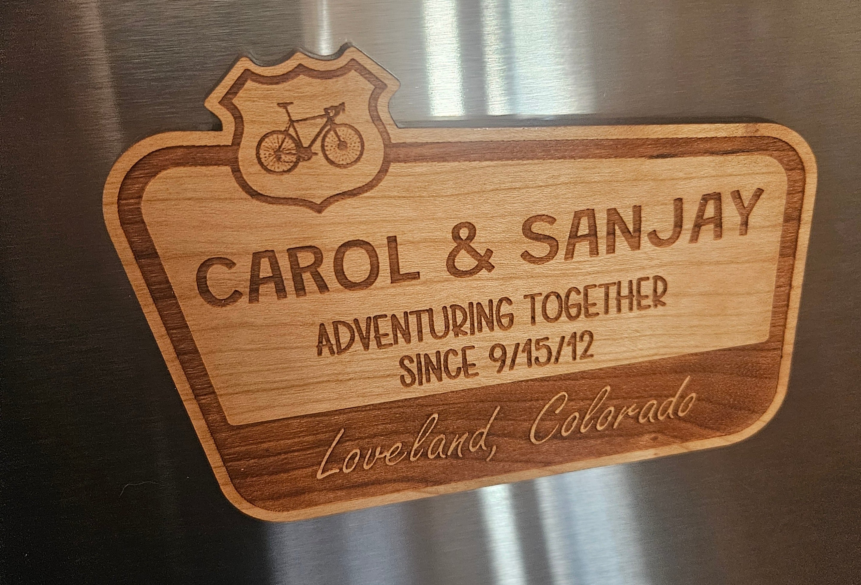 Personalized Team or Couple Adventuring Wood Fridge Magnet With Road Sign Icon Options