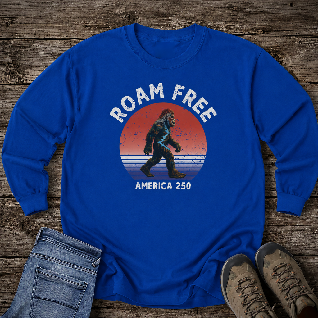 Bigfoot Roam Free America 250 Blue Long Sleeve T-Shirt – Patriotic Bigfoot Hiking Shirt, Outdoor Adventure Tee, USA 250th Anniversary Gift