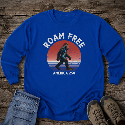 Bigfoot Roam Free America 250 Blue Long Sleeve T-Shirt – Patriotic Bigfoot Hiking Shirt, Outdoor Adventure Tee, USA 250th Anniversary Gift