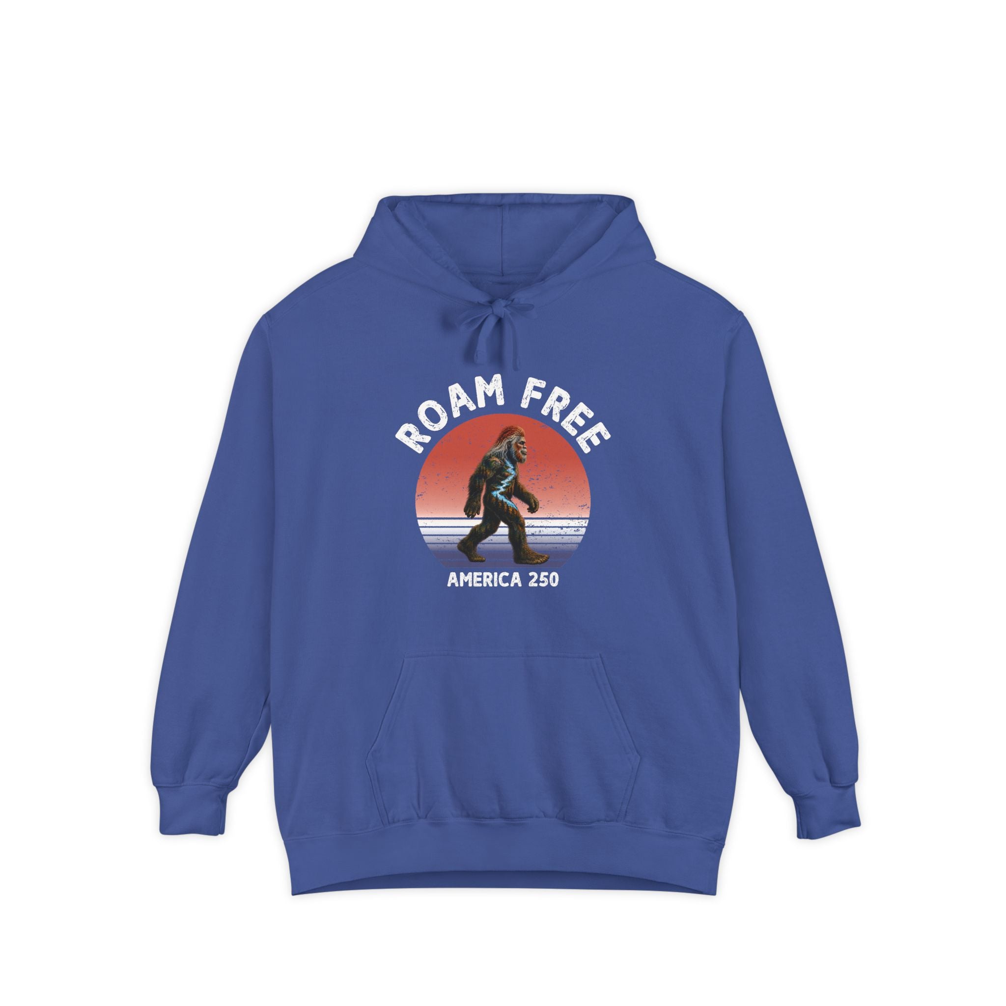 Bigfoot Roam Free America 250 Blue Comfort Colors® Hoodie  – Patriotic Bigfoot Hiking Shirt, Outdoor Adventure Hoodie, USA 250th Anniversary Gift