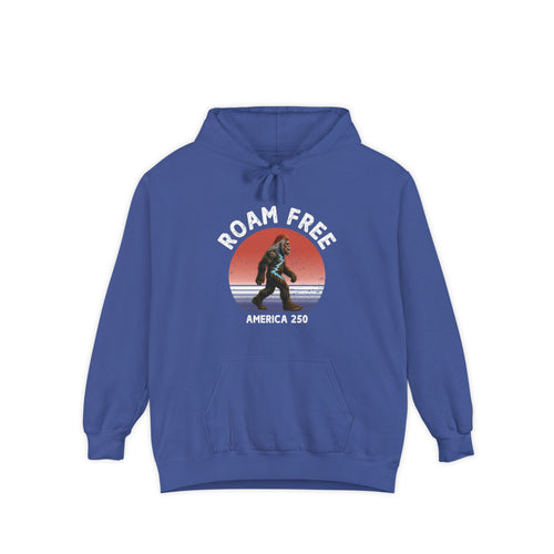 Bigfoot Roam Free America 250 Blue Comfort Colors® Hoodie  – Patriotic Bigfoot Hiking Shirt, Outdoor Adventure Hoodie, USA 250th Anniversary Gift