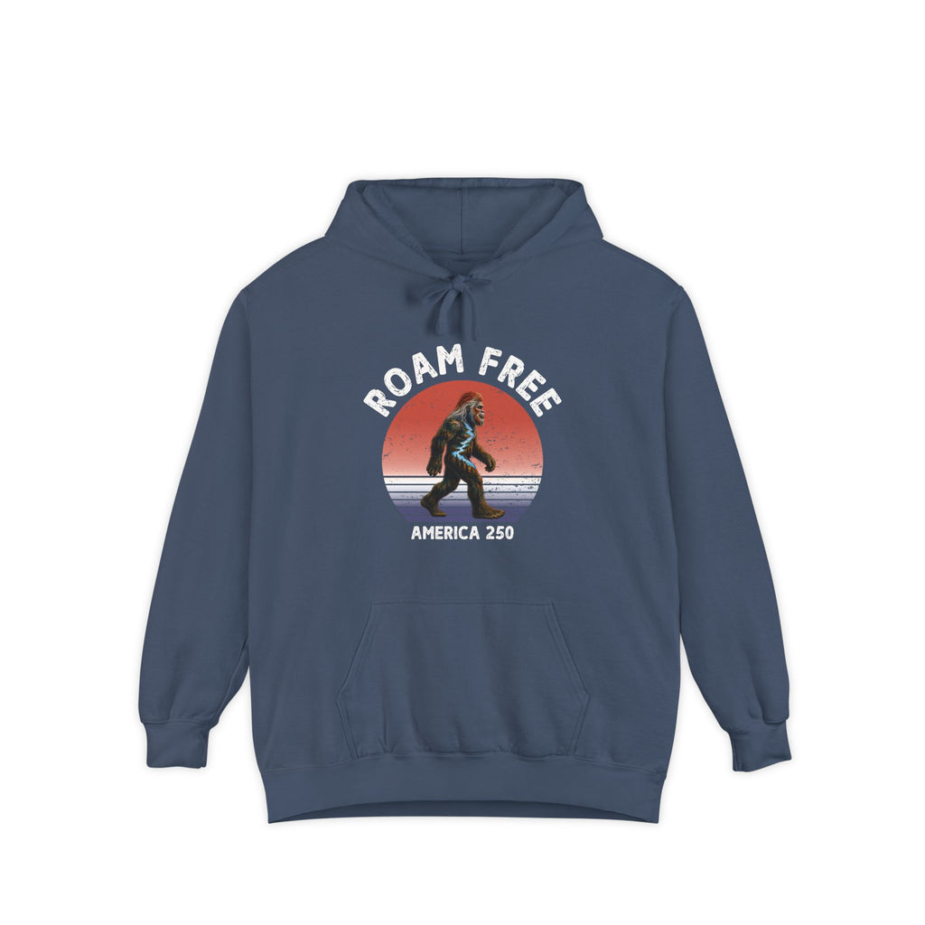 Bigfoot Roam Free America 250 Blue Comfort Colors® Hoodie  – Patriotic Bigfoot Hiking Shirt, Outdoor Adventure Hoodie, USA 250th Anniversary Gift