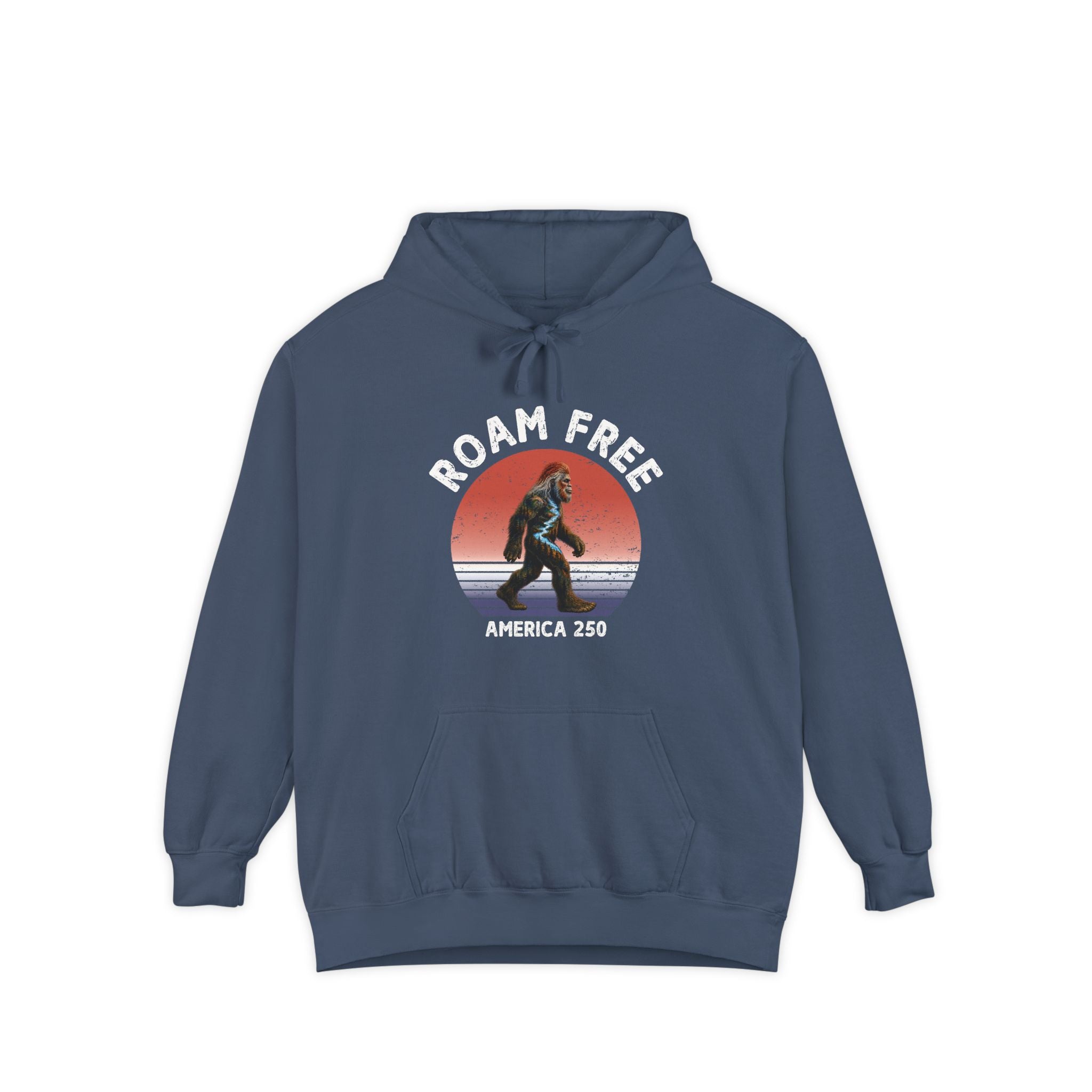 Bigfoot Roam Free America 250 Blue Comfort Colors® Hoodie  – Patriotic Bigfoot Hiking Shirt, Outdoor Adventure Hoodie, USA 250th Anniversary Gift