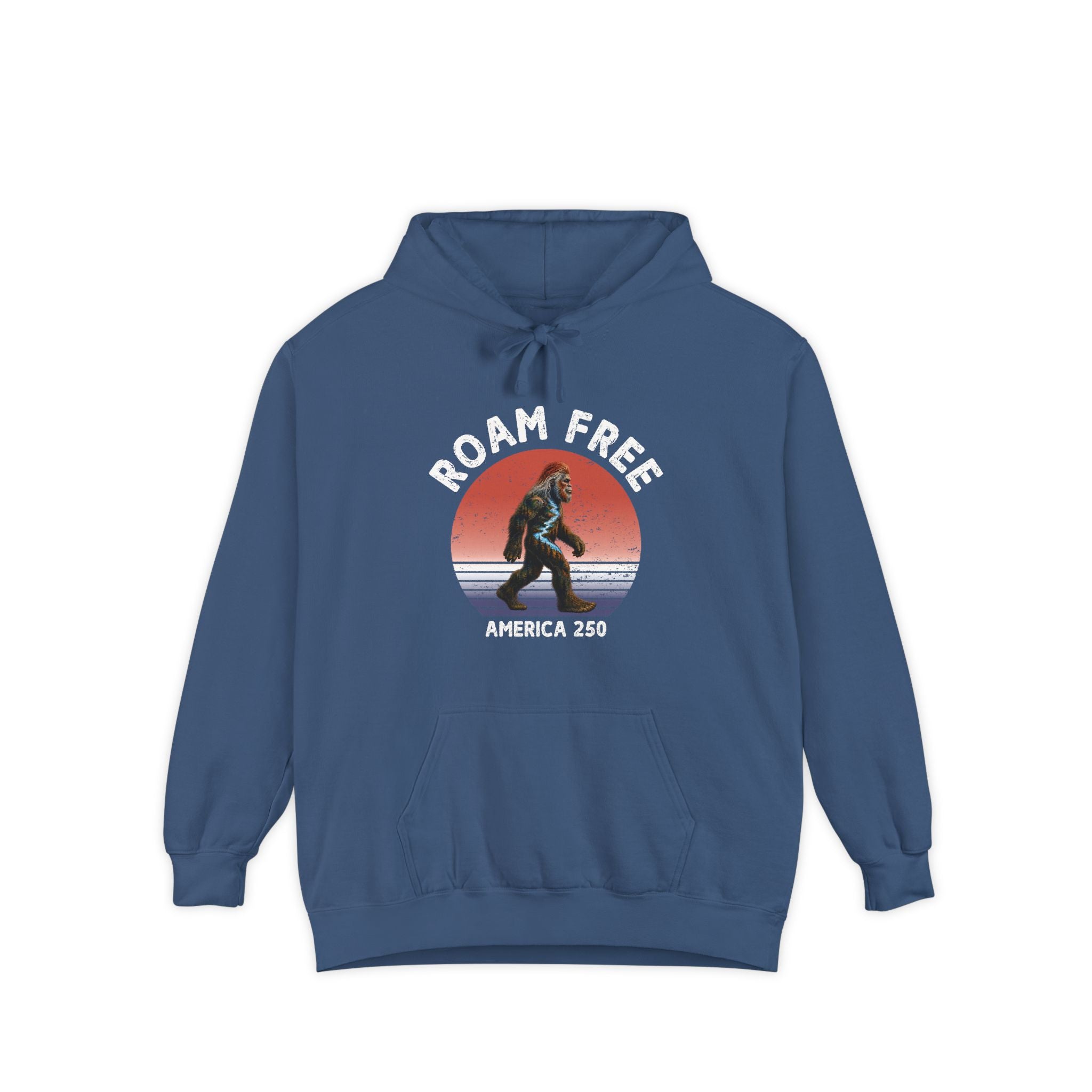 Bigfoot Roam Free America 250 Blue Comfort Colors® Hoodie  – Patriotic Bigfoot Hiking Shirt, Outdoor Adventure Hoodie, USA 250th Anniversary Gift