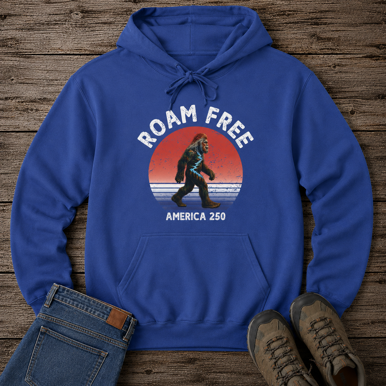 Bigfoot Roam Free America 250 Blue Comfort Colors® Hoodie  – Patriotic Bigfoot Hiking Shirt, Outdoor Adventure Hoodie, USA 250th Anniversary Gift
