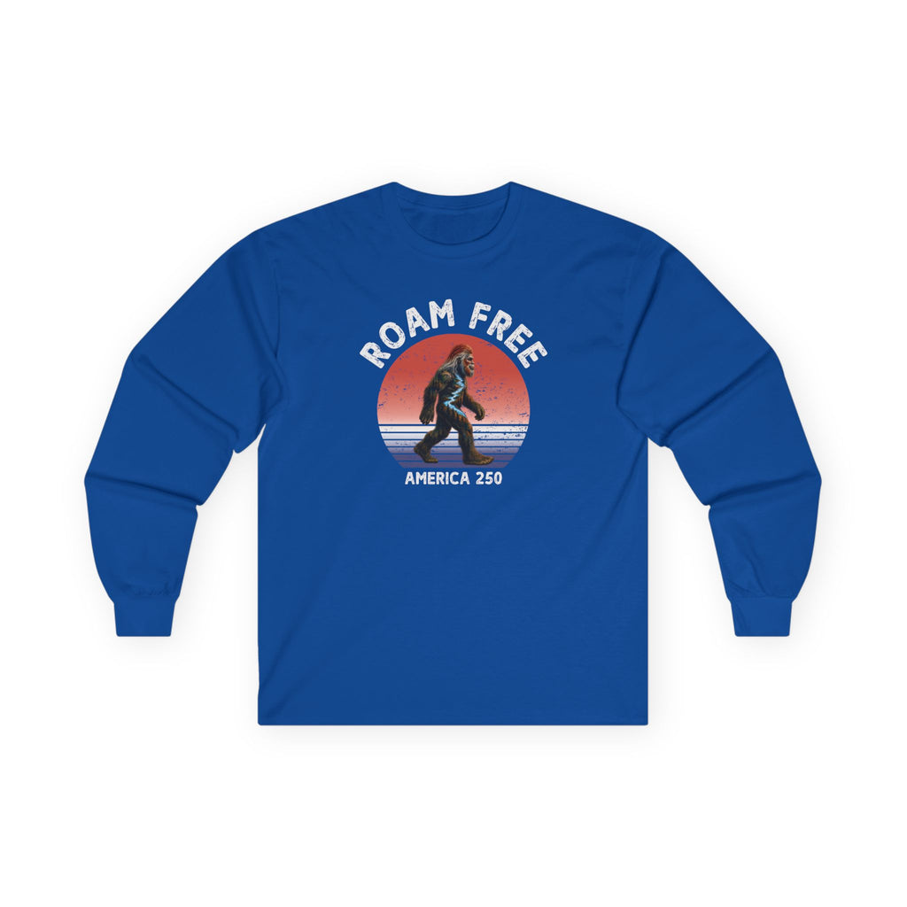 Bigfoot Roam Free America 250 Blue Long Sleeve T-Shirt – Patriotic Bigfoot Hiking Shirt, Outdoor Adventure Tee, USA 250th Anniversary Gift