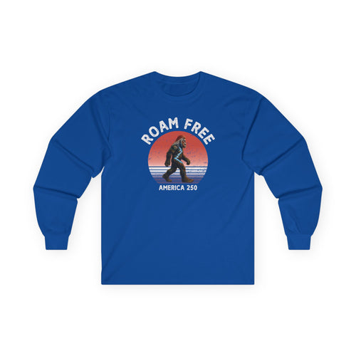 Bigfoot Roam Free America 250 Blue Long Sleeve T-Shirt – Patriotic Bigfoot Hiking Shirt, Outdoor Adventure Tee, USA 250th Anniversary Gift