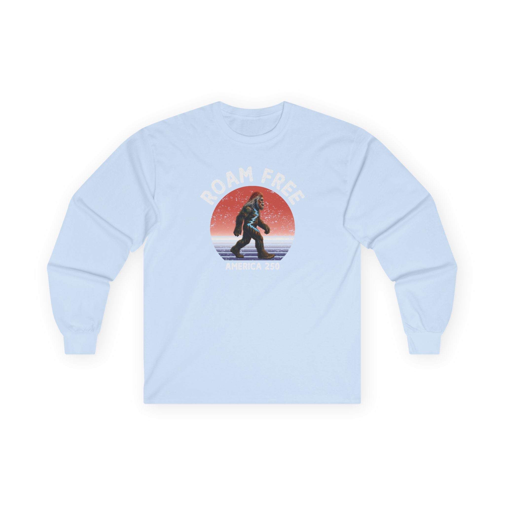 Bigfoot Roam Free America 250 Blue Long Sleeve T-Shirt – Patriotic Bigfoot Hiking Shirt, Outdoor Adventure Tee, USA 250th Anniversary Gift