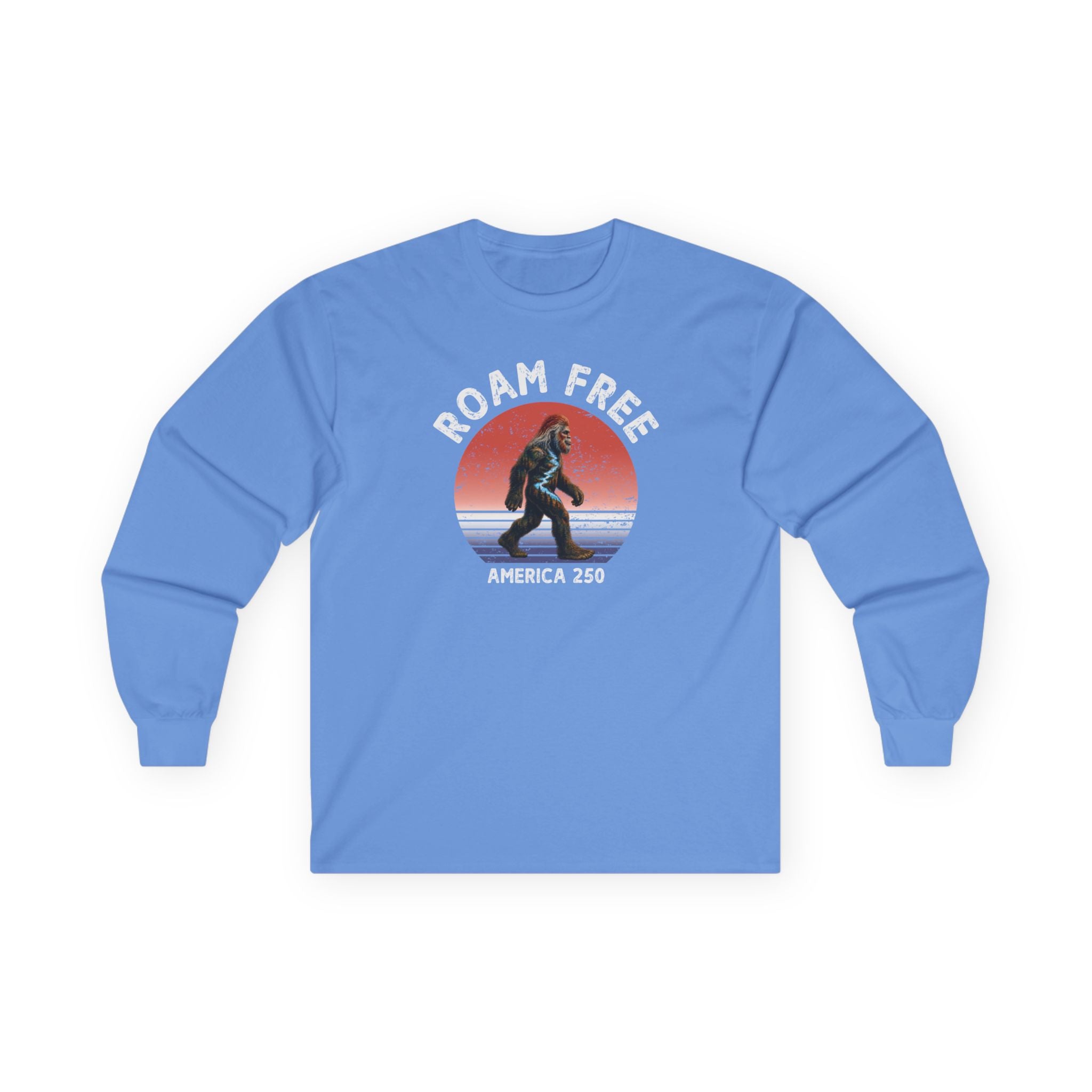 Bigfoot Roam Free America 250 Blue Long Sleeve T-Shirt – Patriotic Bigfoot Hiking Shirt, Outdoor Adventure Tee, USA 250th Anniversary Gift