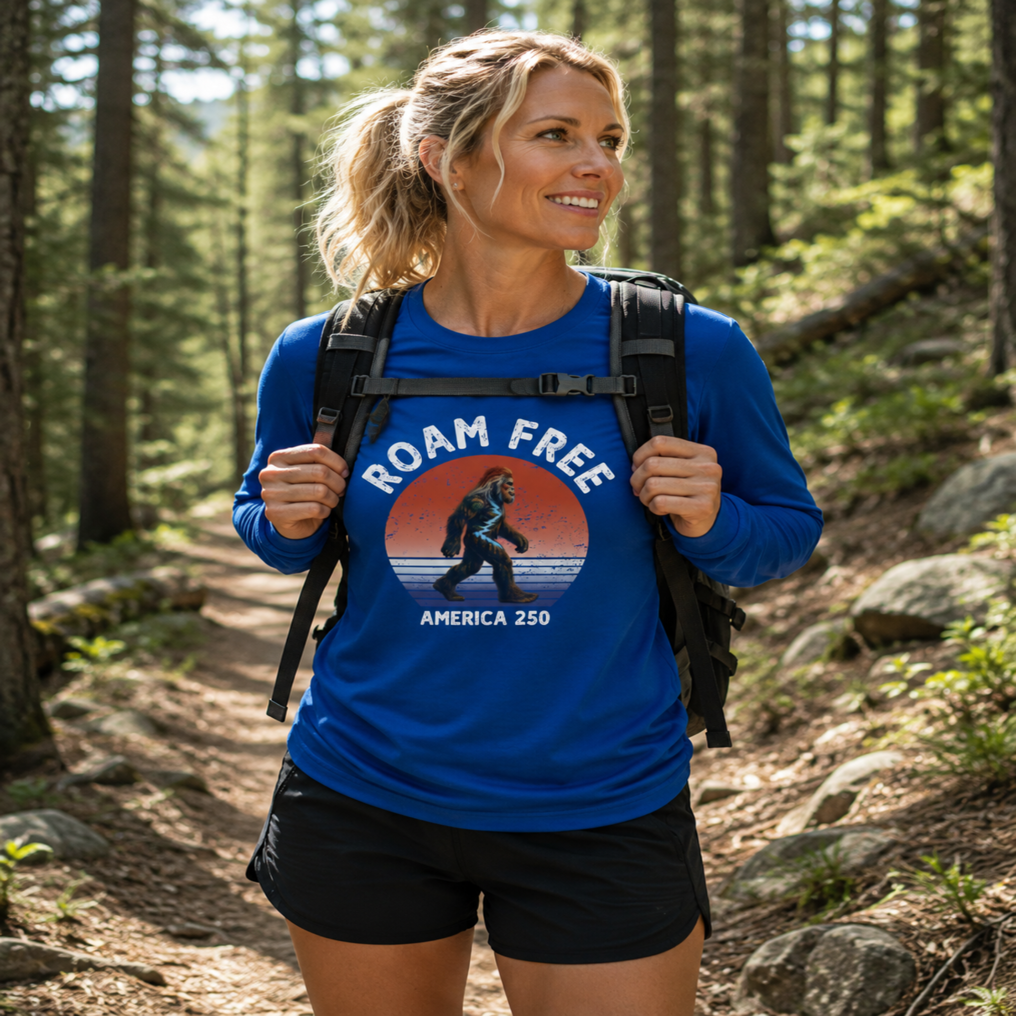 Bigfoot Roam Free America 250 Blue Long Sleeve T-Shirt – Patriotic Bigfoot Hiking Shirt, Outdoor Adventure Tee, USA 250th Anniversary Gift