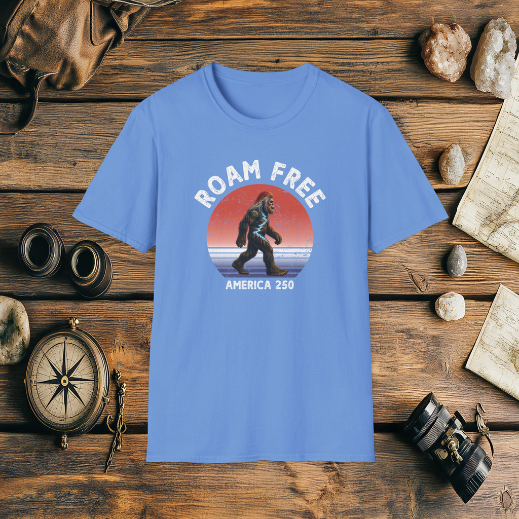 Bigfoot Roam Free America 250 Blue T-Shirt – Patriotic Bigfoot Hiking Shirt, Outdoor Adventure Tee, USA 250th Anniversary Gift