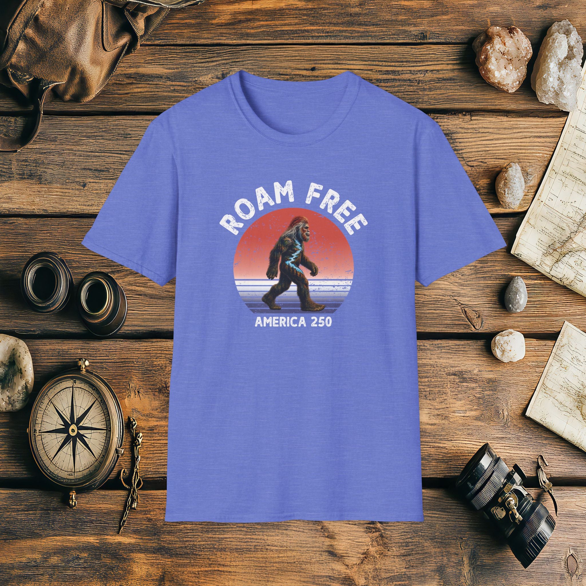 Bigfoot Roam Free America 250 Blue T-Shirt – Patriotic Bigfoot Hiking Shirt, Outdoor Adventure Tee, USA 250th Anniversary Gift