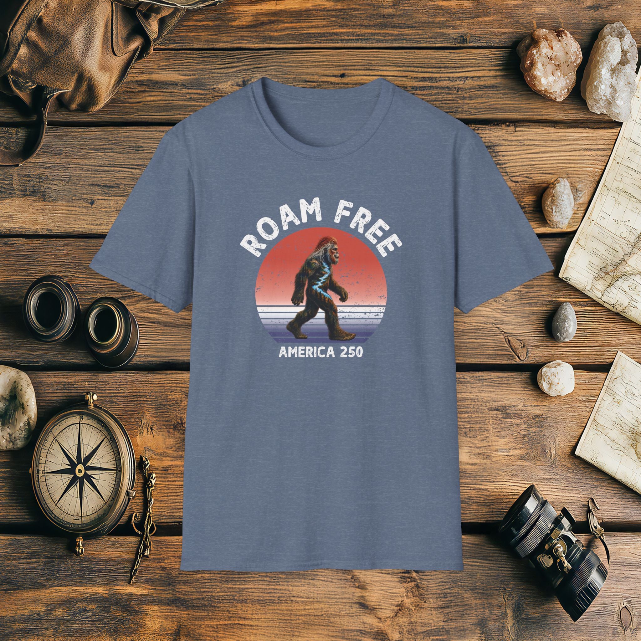 Bigfoot Roam Free America 250 Blue T-Shirt – Patriotic Bigfoot Hiking Shirt, Outdoor Adventure Tee, USA 250th Anniversary Gift
