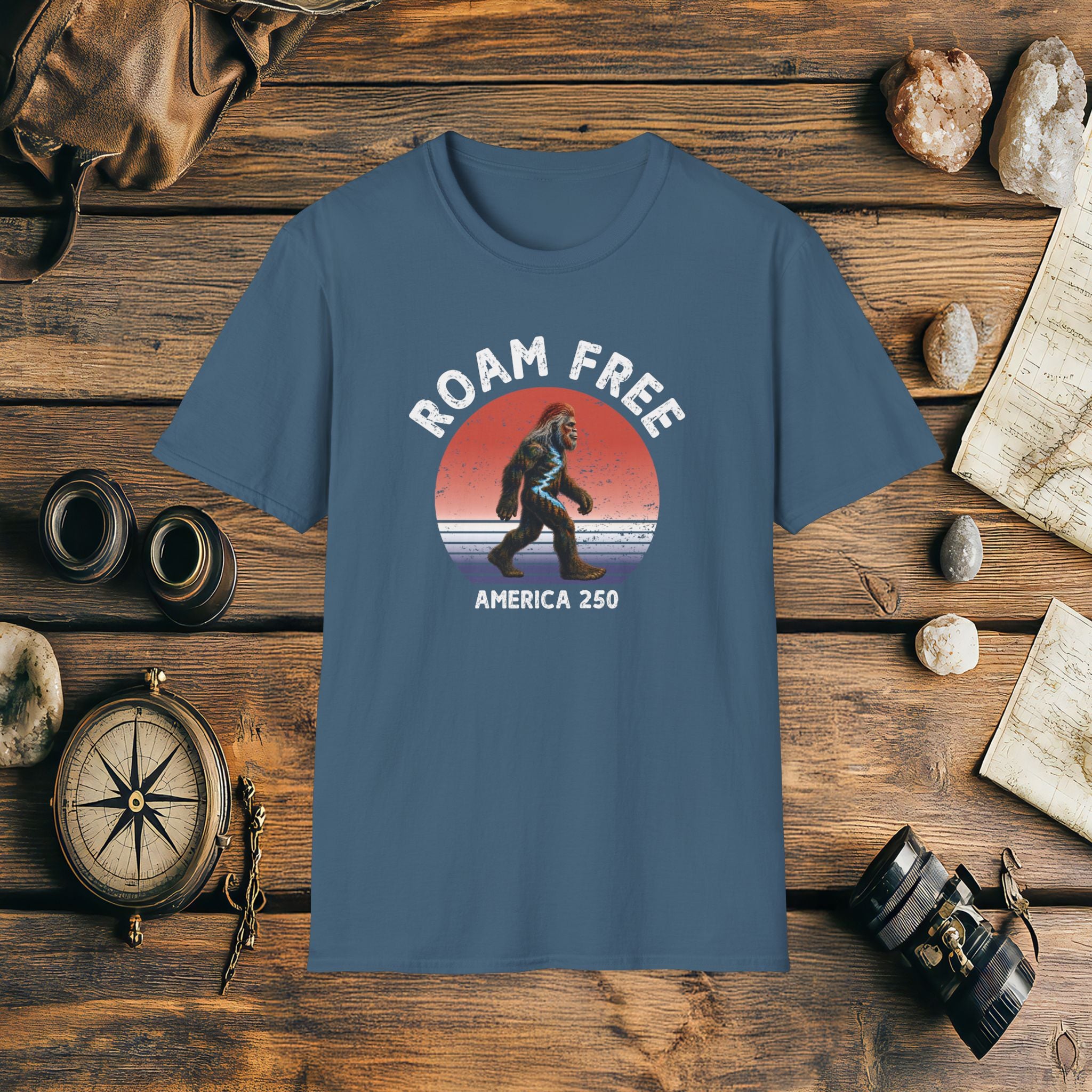 Bigfoot Roam Free America 250 Blue T-Shirt – Patriotic Bigfoot Hiking Shirt, Outdoor Adventure Tee, USA 250th Anniversary Gift
