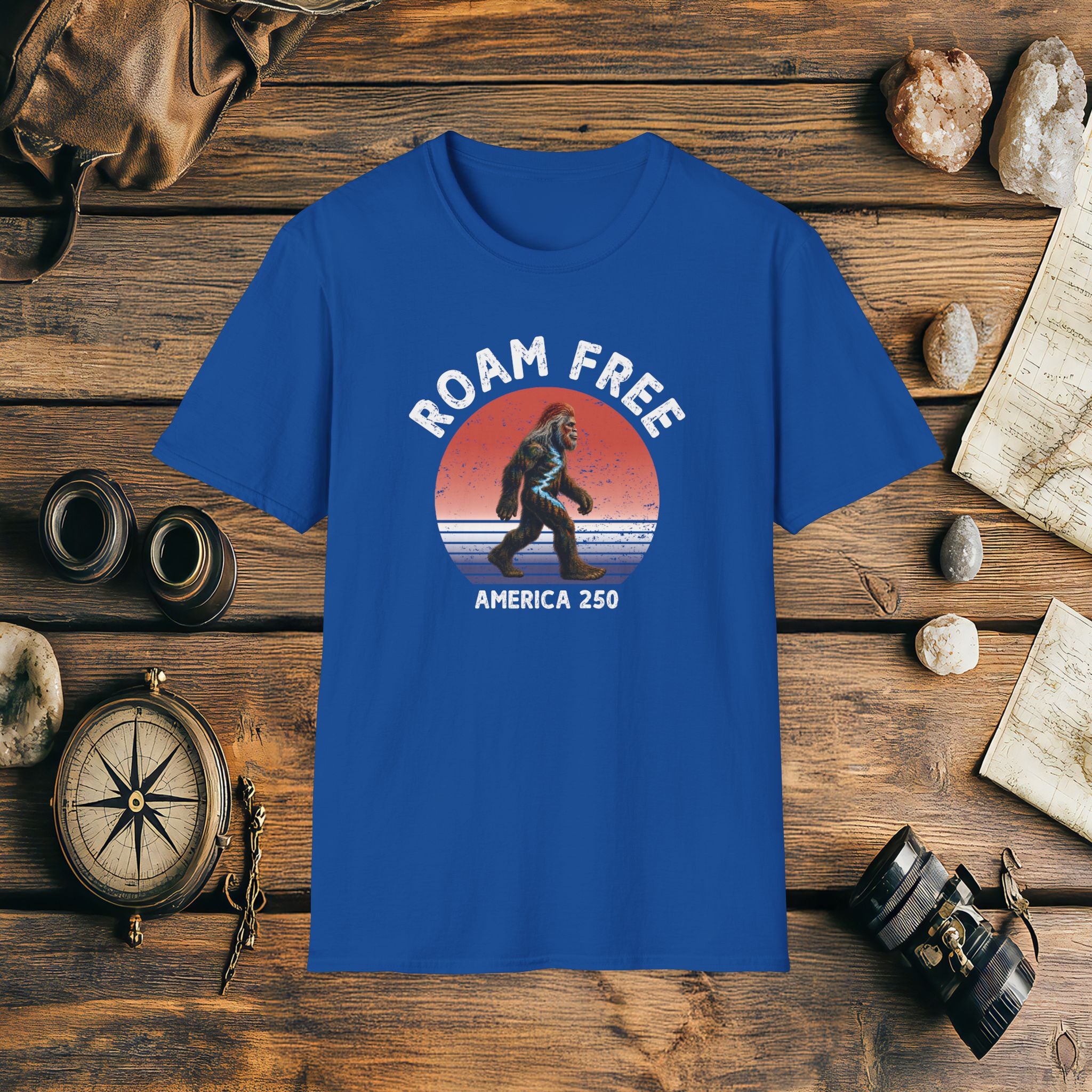Bigfoot Roam Free America 250 Blue T-Shirt – Patriotic Bigfoot Hiking Shirt, Outdoor Adventure Tee, USA 250th Anniversary Gift