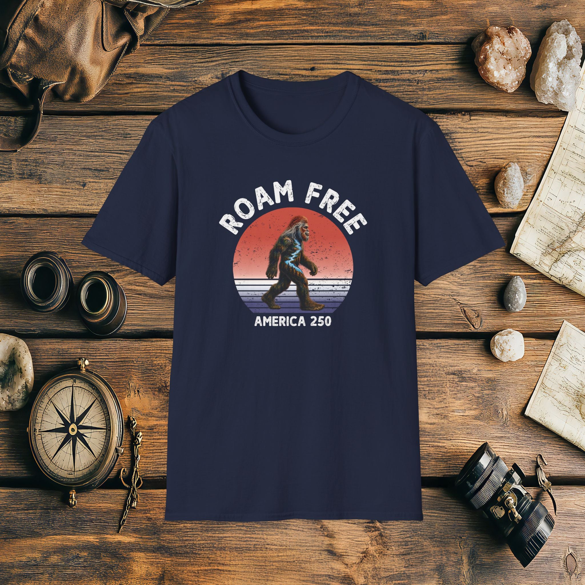 Bigfoot Roam Free America 250 Blue T-Shirt – Patriotic Bigfoot Hiking Shirt, Outdoor Adventure Tee, USA 250th Anniversary Gift