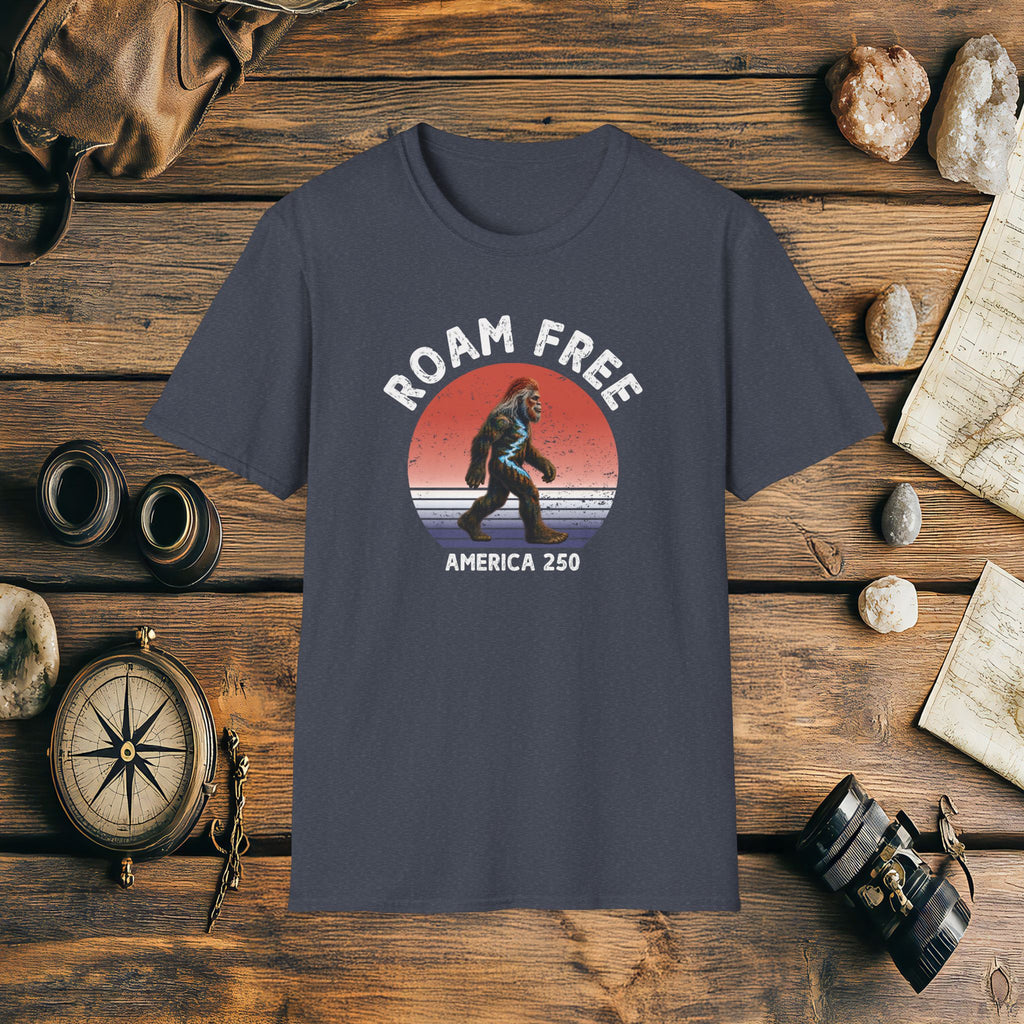 Bigfoot Roam Free America 250 Blue T-Shirt – Patriotic Bigfoot Hiking Shirt, Outdoor Adventure Tee, USA 250th Anniversary Gift