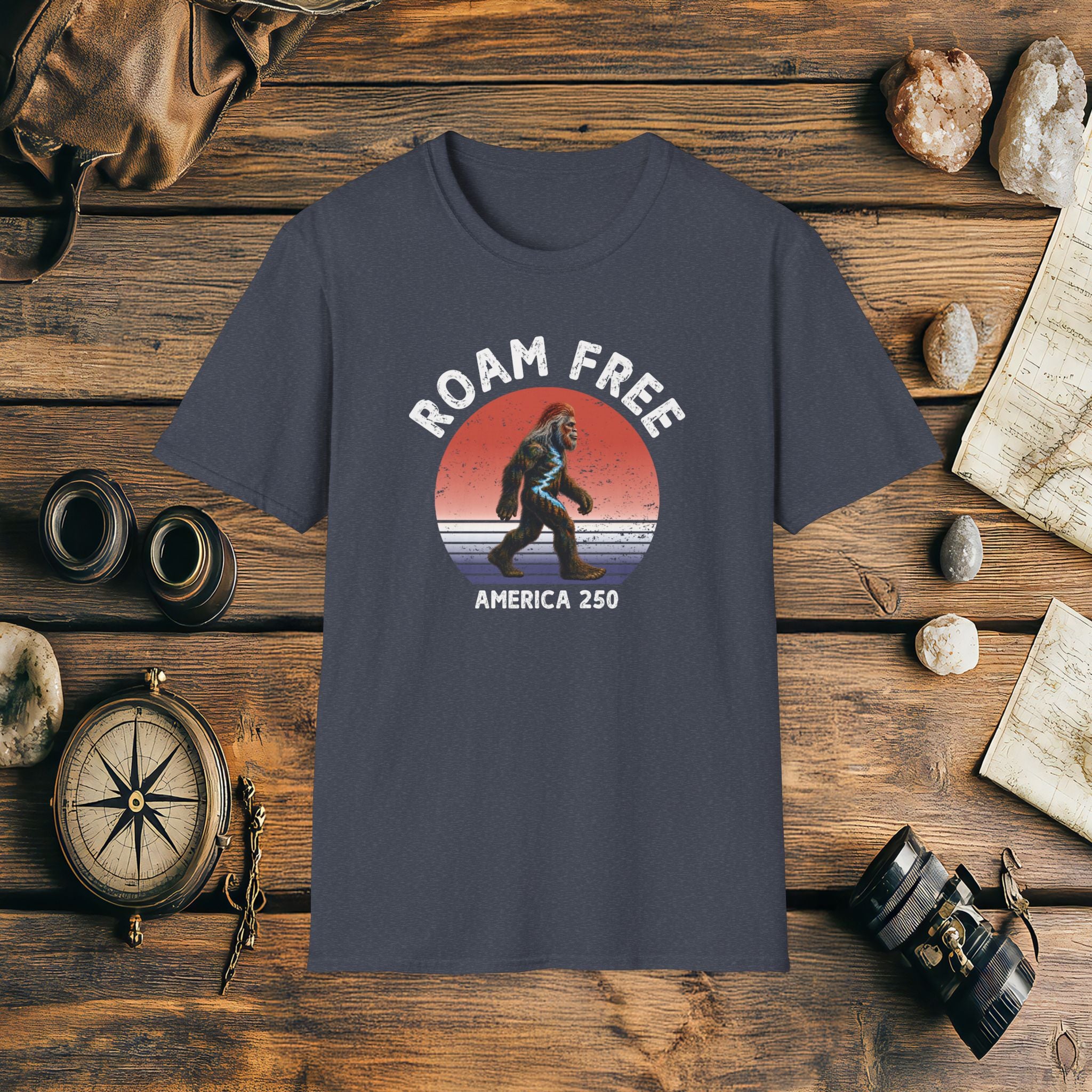 Bigfoot Roam Free America 250 Blue T-Shirt – Patriotic Bigfoot Hiking Shirt, Outdoor Adventure Tee, USA 250th Anniversary Gift