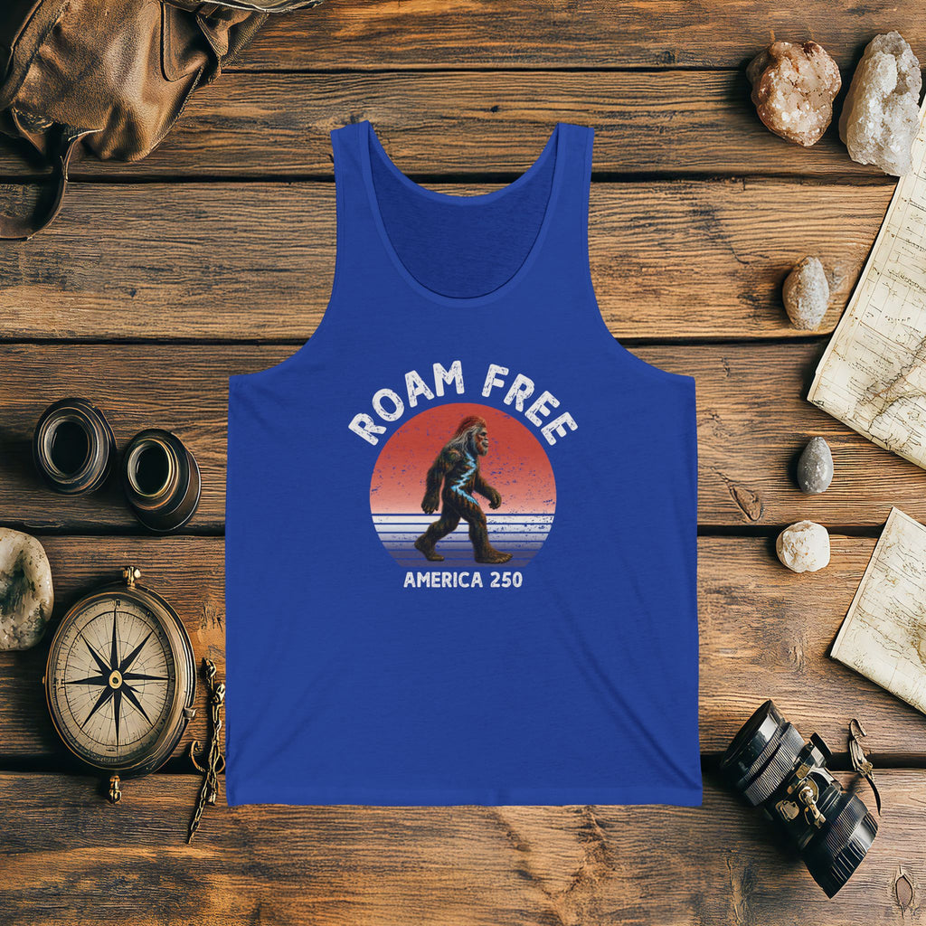 Bigfoot Roam Free America 250 Blue Unisex Jersey Tank – Patriotic Bigfoot Hiking Shirt, Outdoor Adventure Tank, USA 250th Anniversary Gift