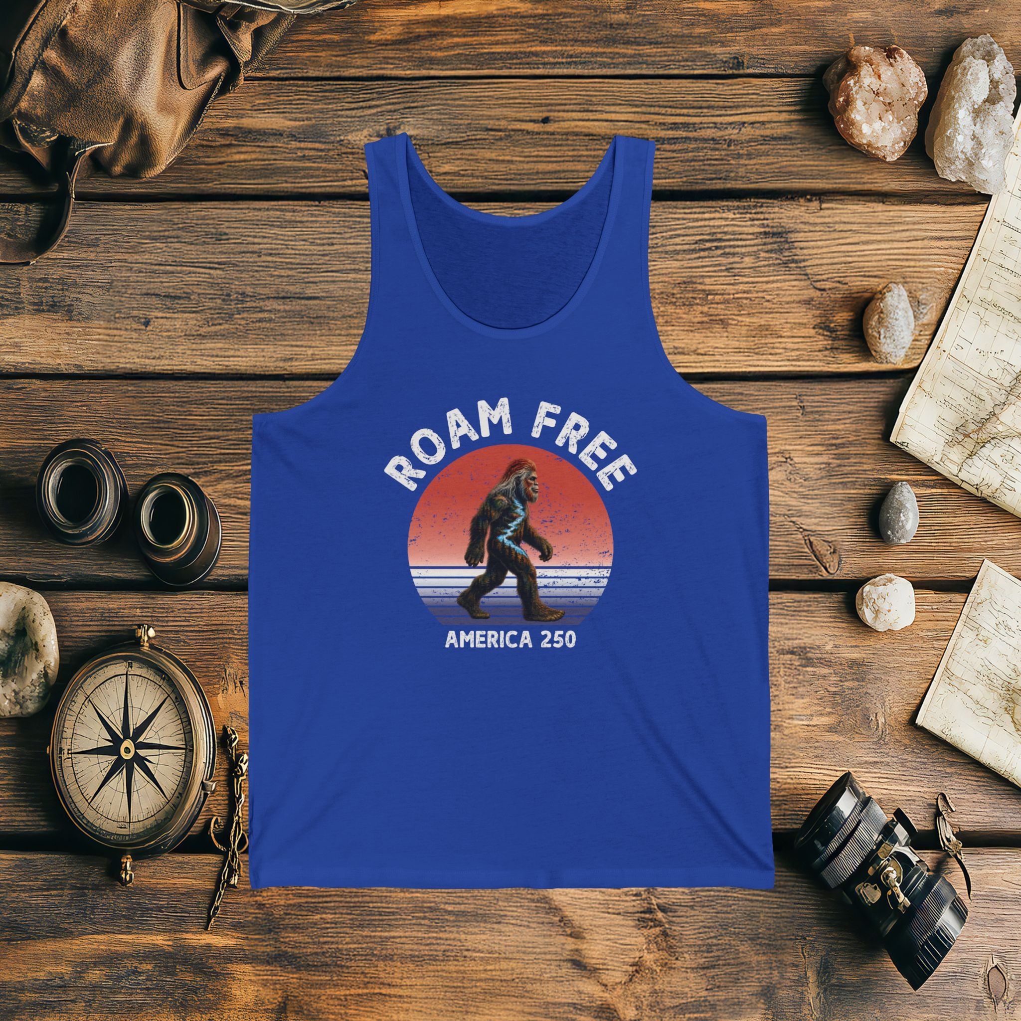 Bigfoot Roam Free America 250 Blue Unisex Jersey Tank – Patriotic Bigfoot Hiking Shirt, Outdoor Adventure Tank, USA 250th Anniversary Gift